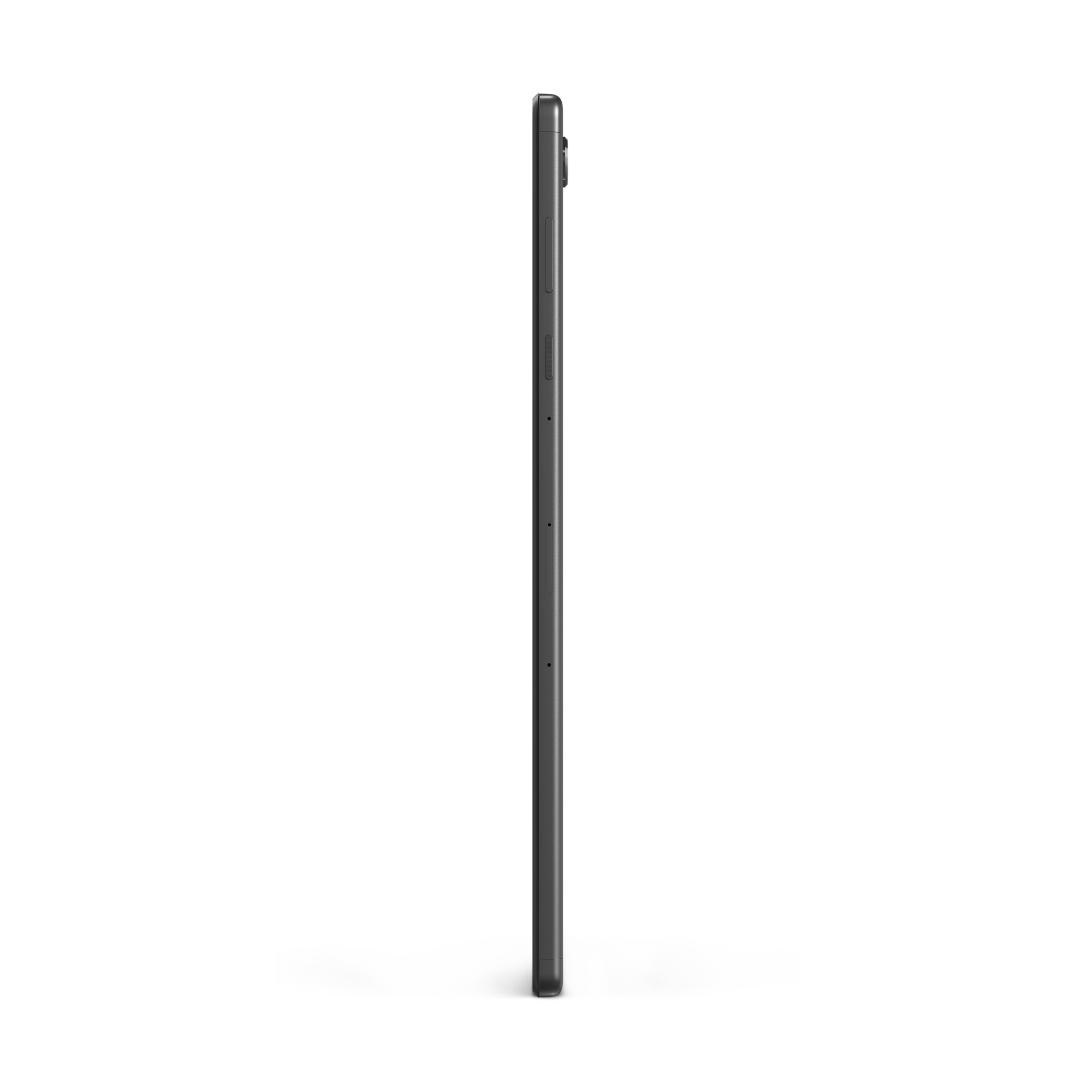 Tablet nero, vista laterale, profilo sottile, su sfondo bianco.