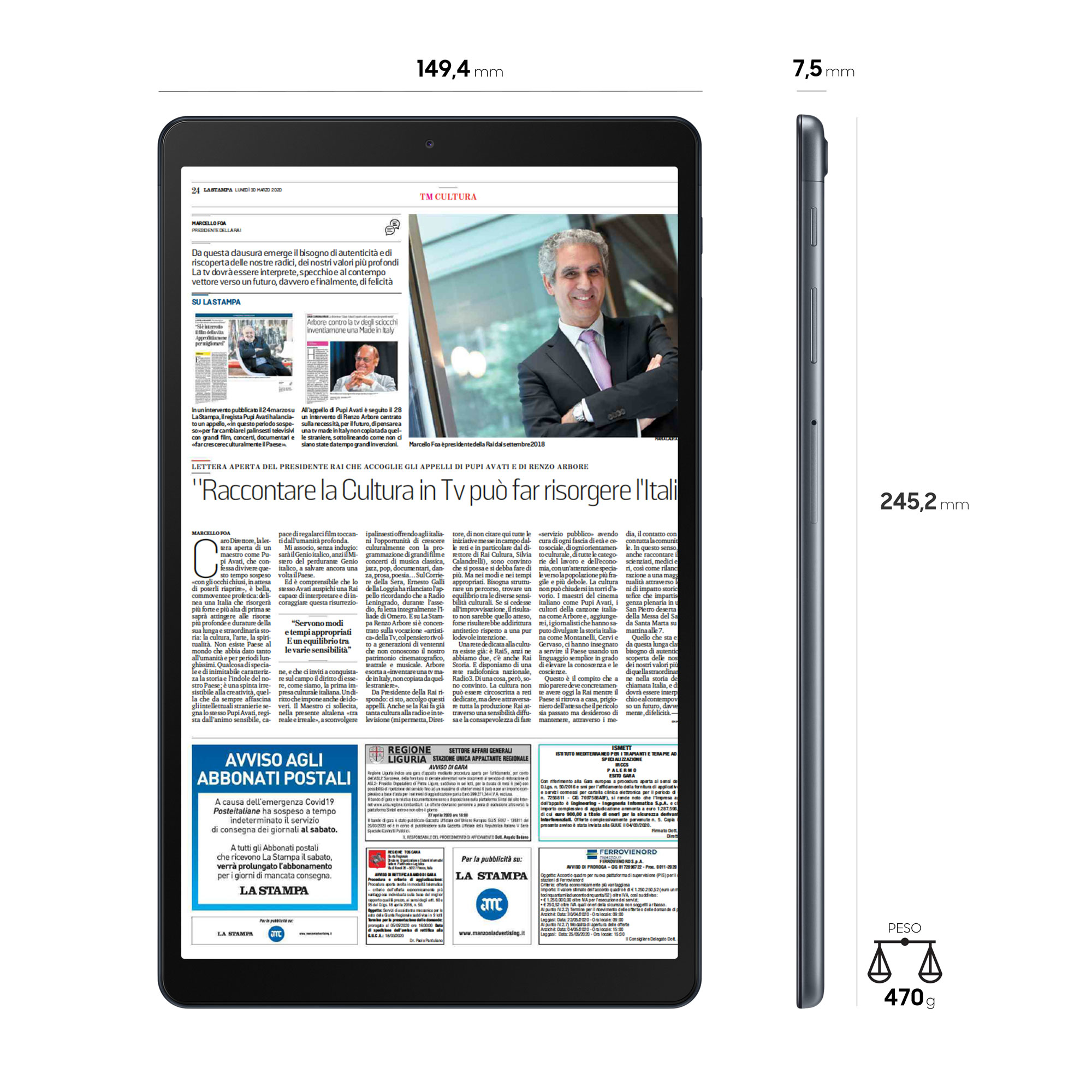 Tablet mit geöffneter Magazinseite, neben einer Seitenansicht.
