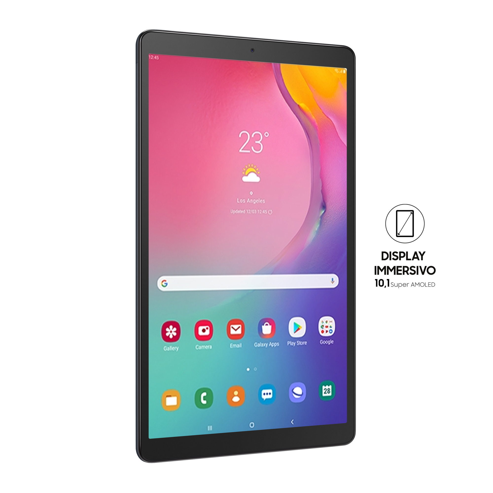 Tablet mit Display an. Apps sichtbar. Schwarzer Rahmen. Weißer Hintergrund.