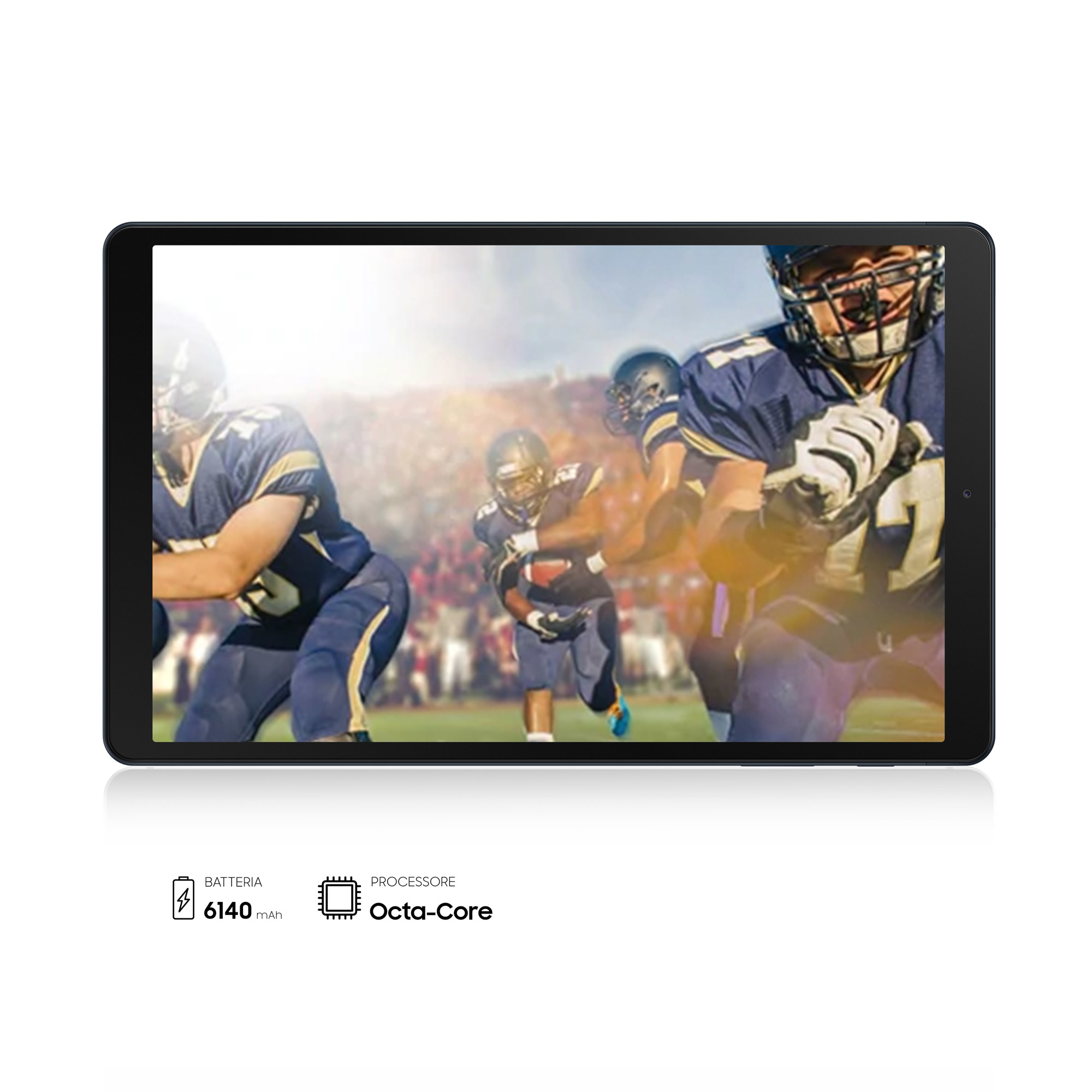 Tablet zeigt Footballspiel. Spieler in blauen Uniformen, Stadionhintergrund.