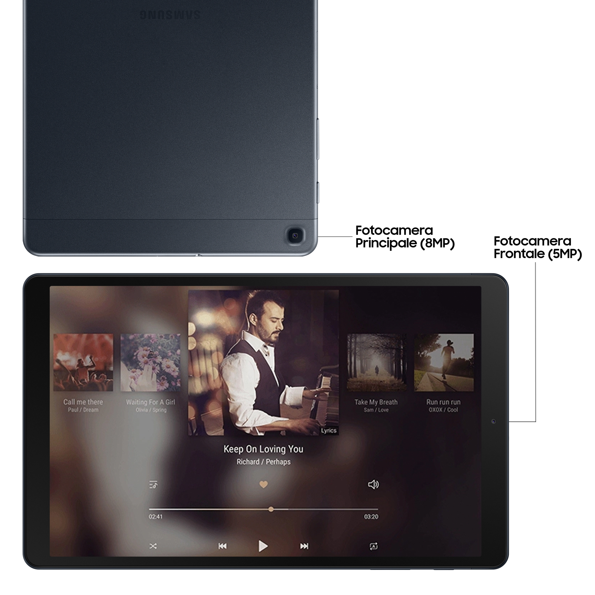Tablet zeigt eine Musik-App und eine Rückansicht. Funktionen umfassen Front- und Hauptkamera.