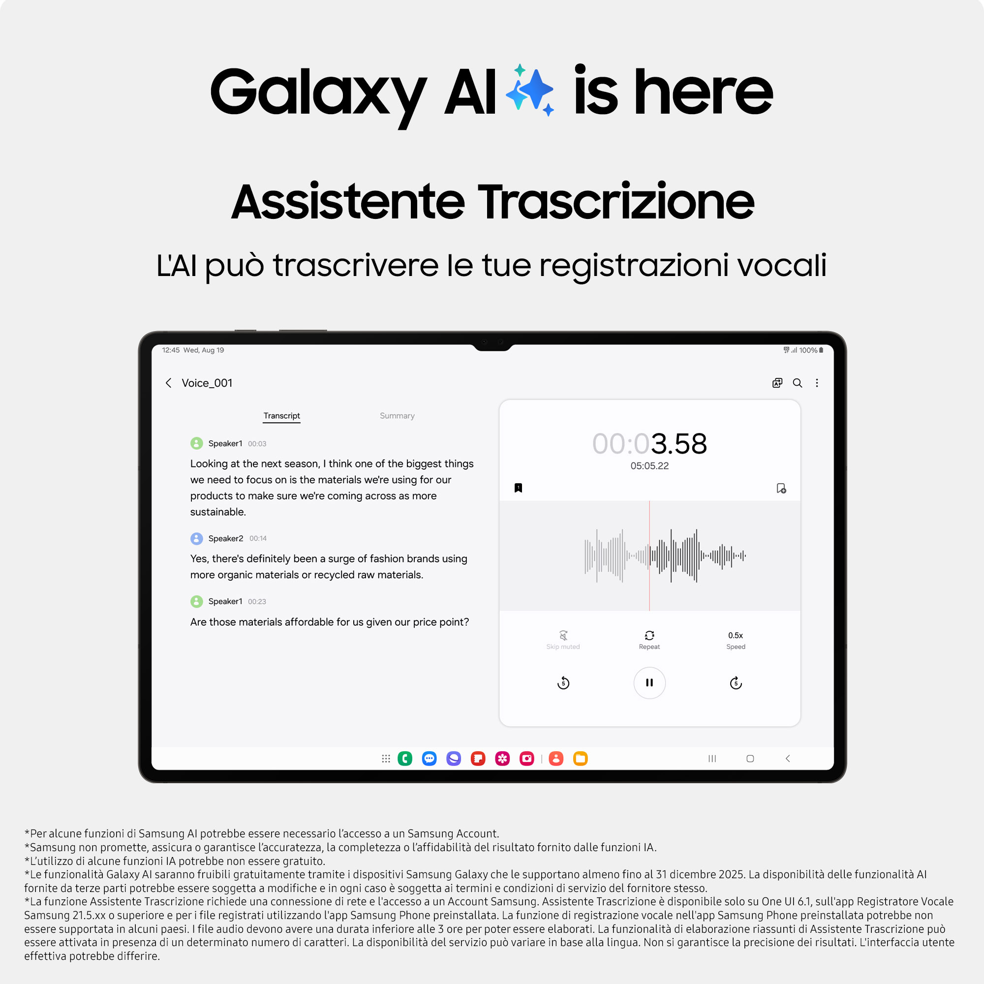 Ekran tabletu z tekstem i przebiegiem fali nagrania głosu.