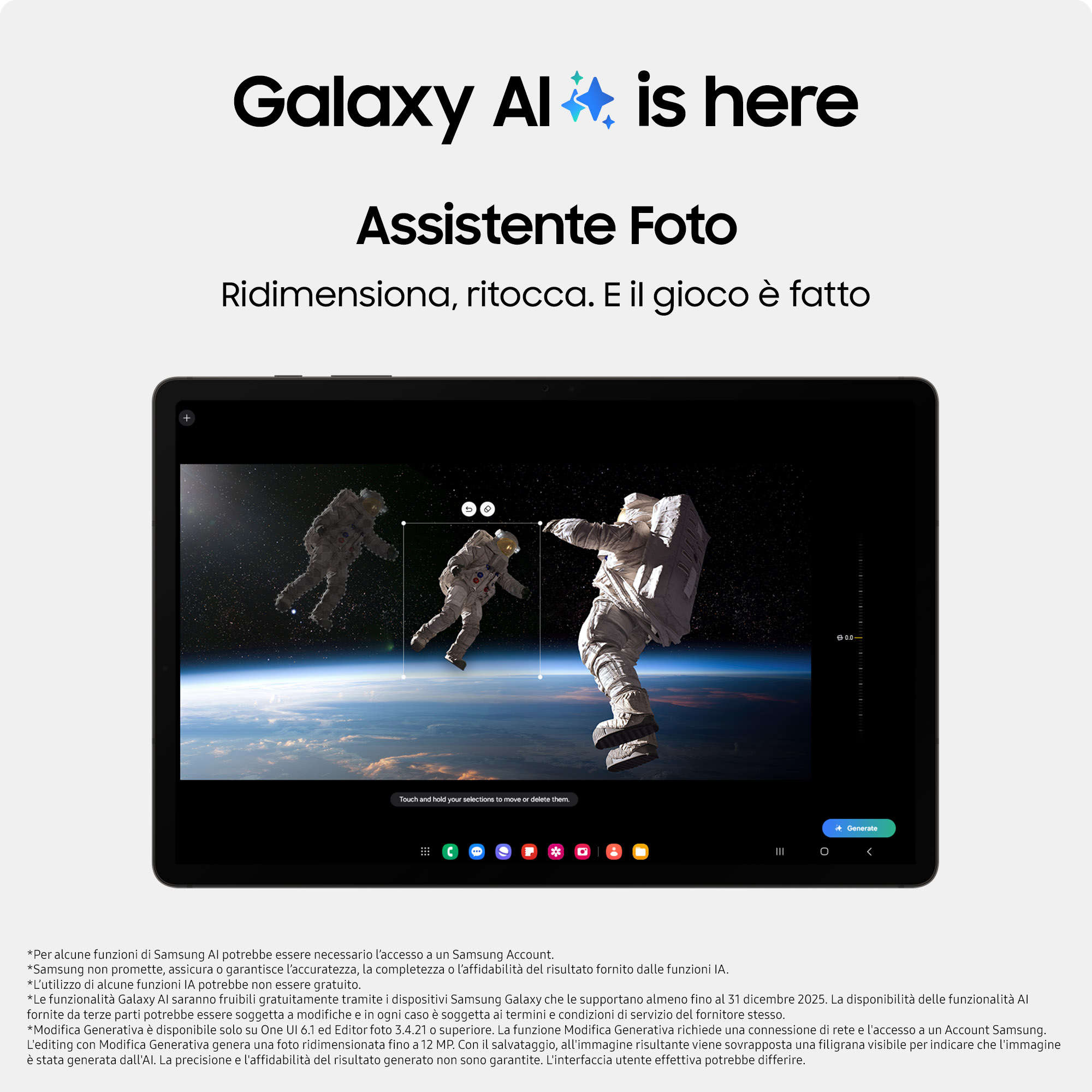 Tablet z tekstem 'Galaxy AI is here' i sceną z astronautami.