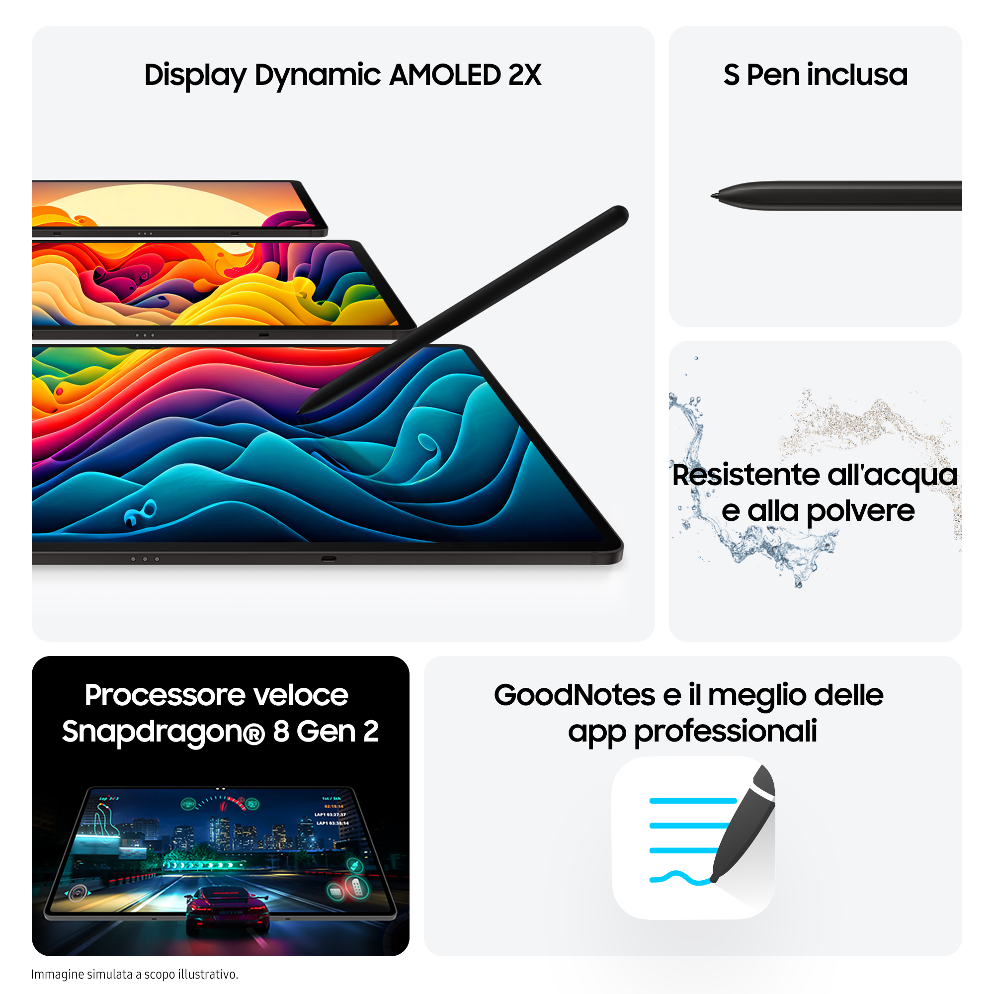Weißer Hintergrund, Tablet mit Stift, Display und Text über Funktionen wie Snapdragon-Prozessor und S Pen.