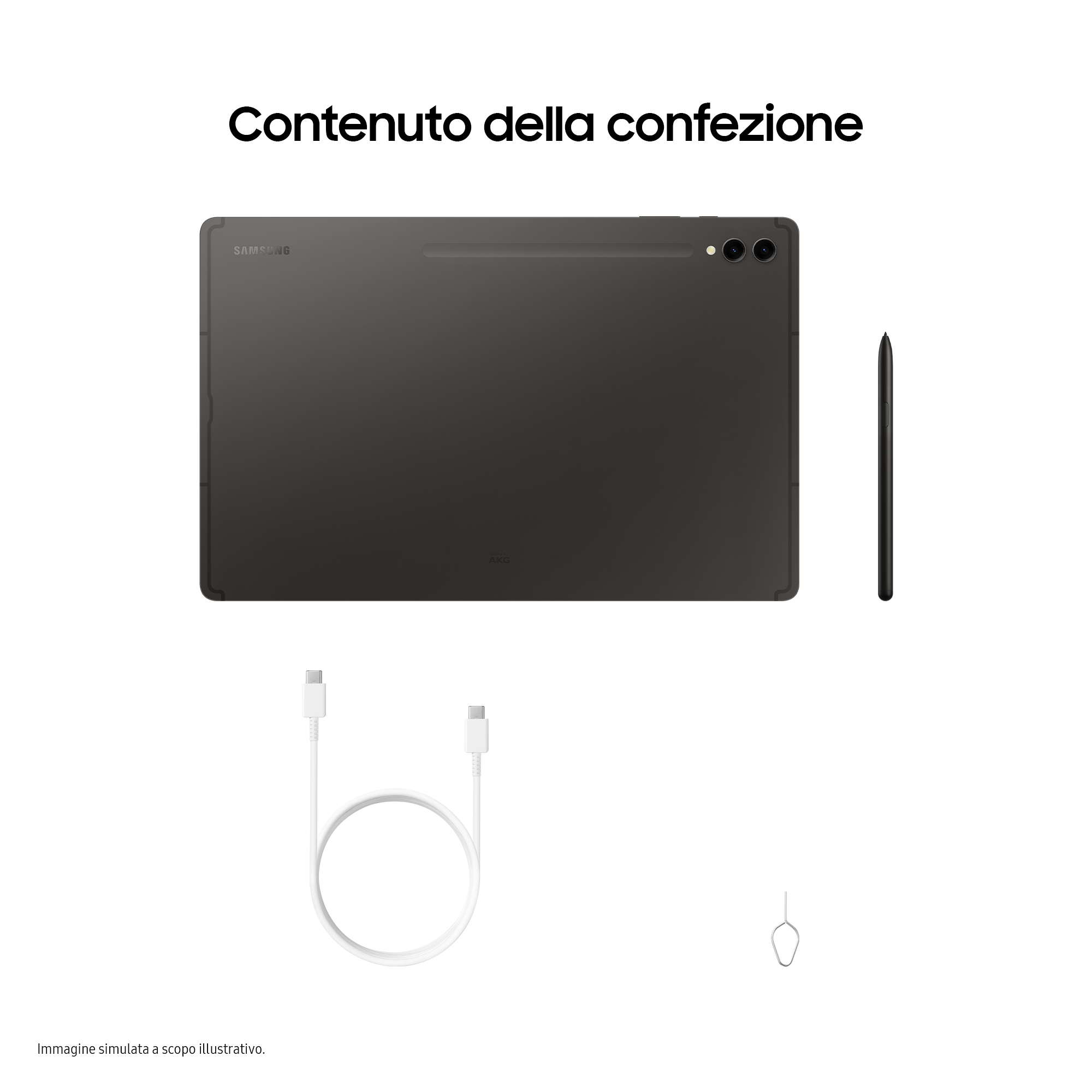Tablet, Stift, Ladekabel und SIM-Auswurfwerkzeug auf weißem Hintergrund.