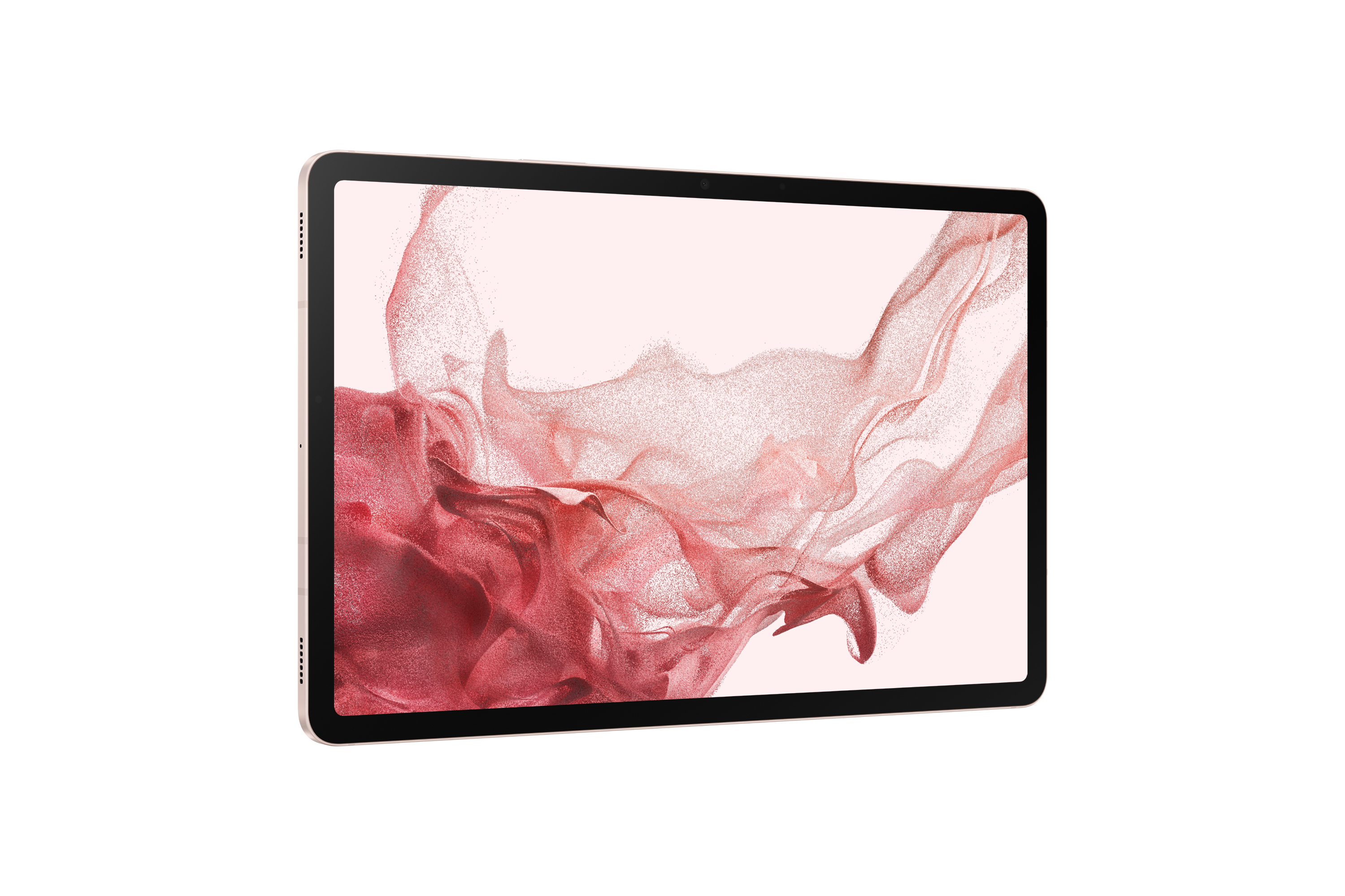 Rosa Tablet, abgewinkelt, auf weißem Hintergrund.