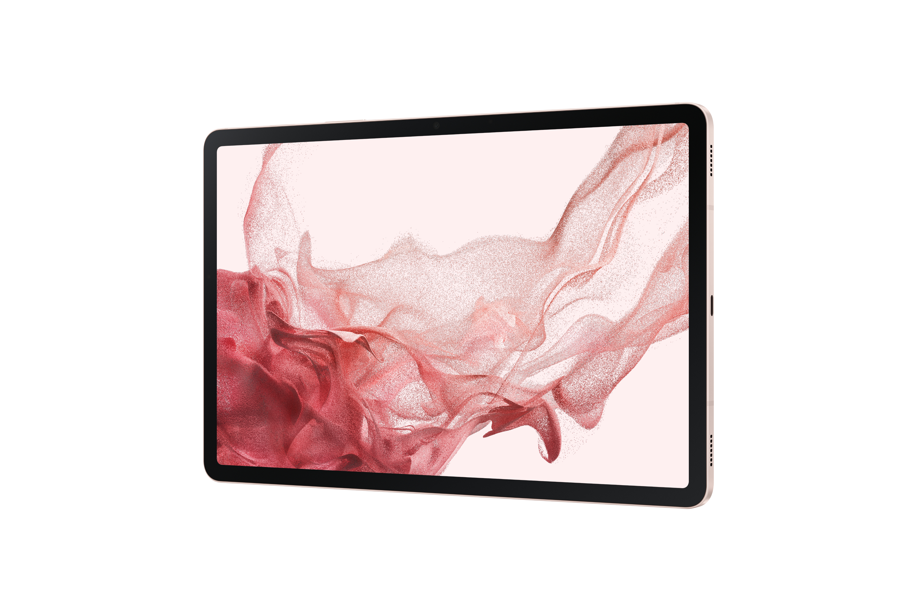 Ein Tablet mit einem rosafarbenen Bild auf dem Bildschirm und einem goldenen Rahmen.