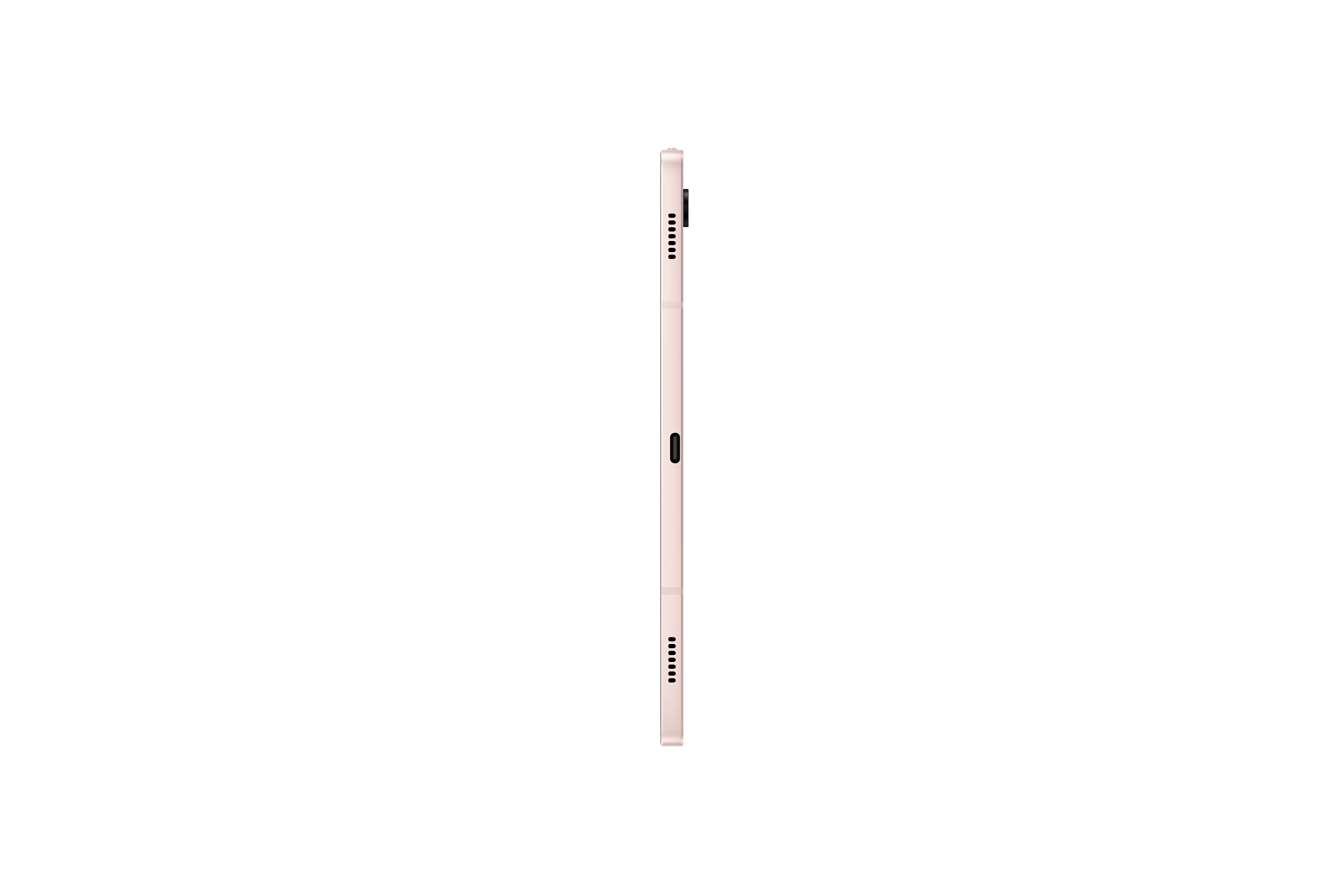Rosa Tablet, Seitenansicht. Zeigt das Seitenprofil des Tablets. Funktionen und Tasten sind sichtbar.