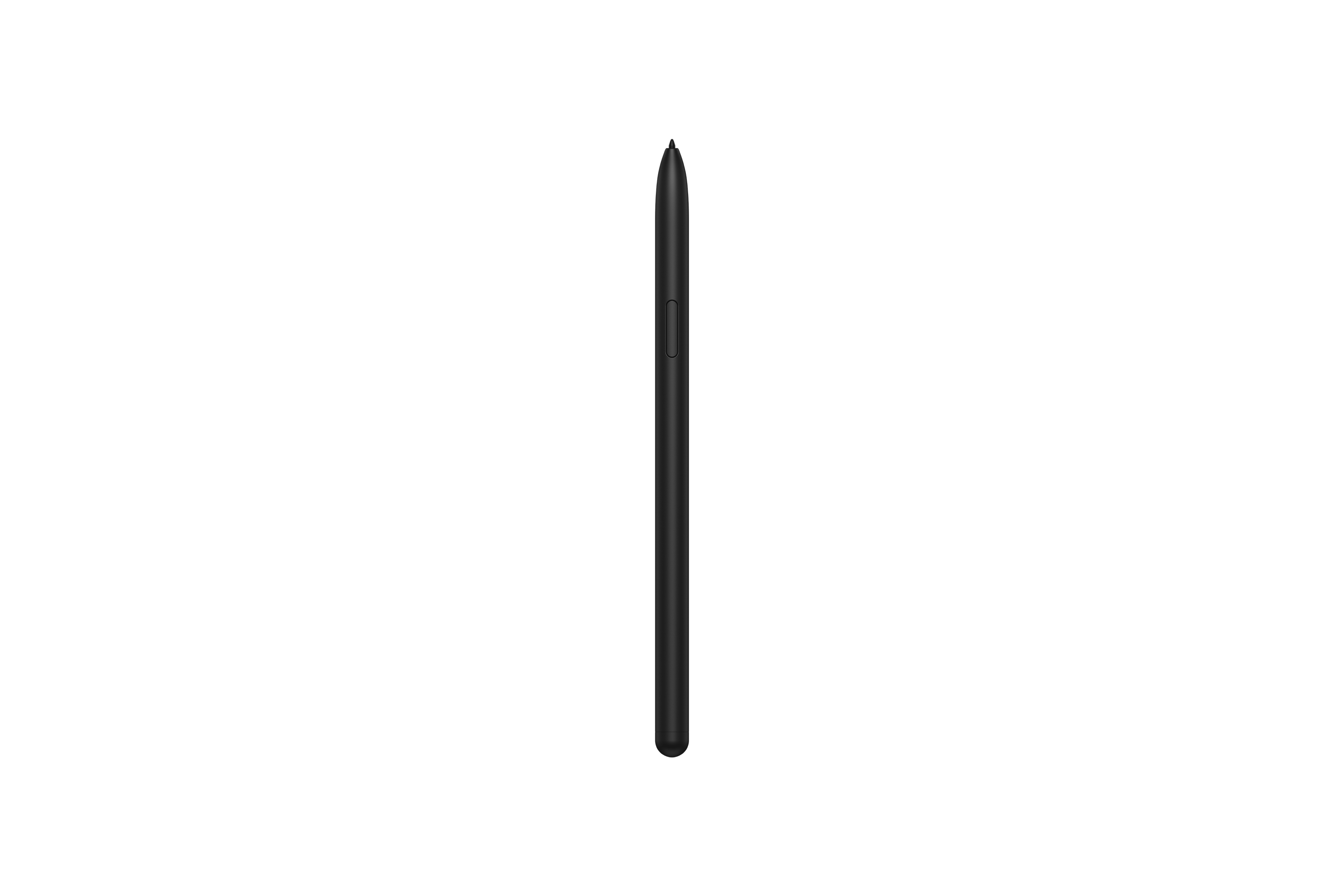 Ein schwarzer Eingabestift. Der Stift ist lang und schlank, mit einer spitzen Spitze. Weißer Hintergrund.