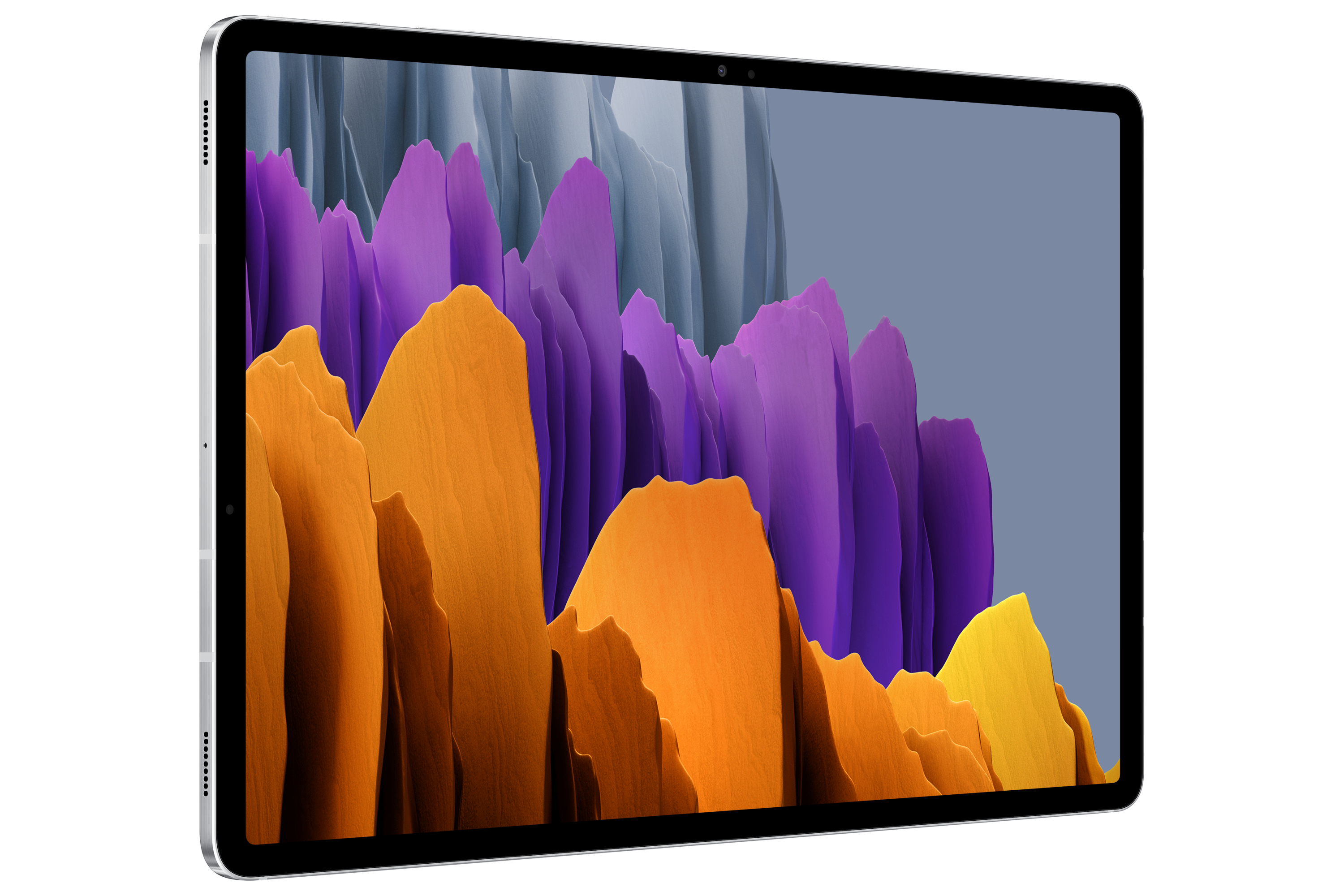 Ein Tablet mit großem Bildschirm, der eine abstrakte Berglandschaft in Orange- und Lilatönen zeigt.