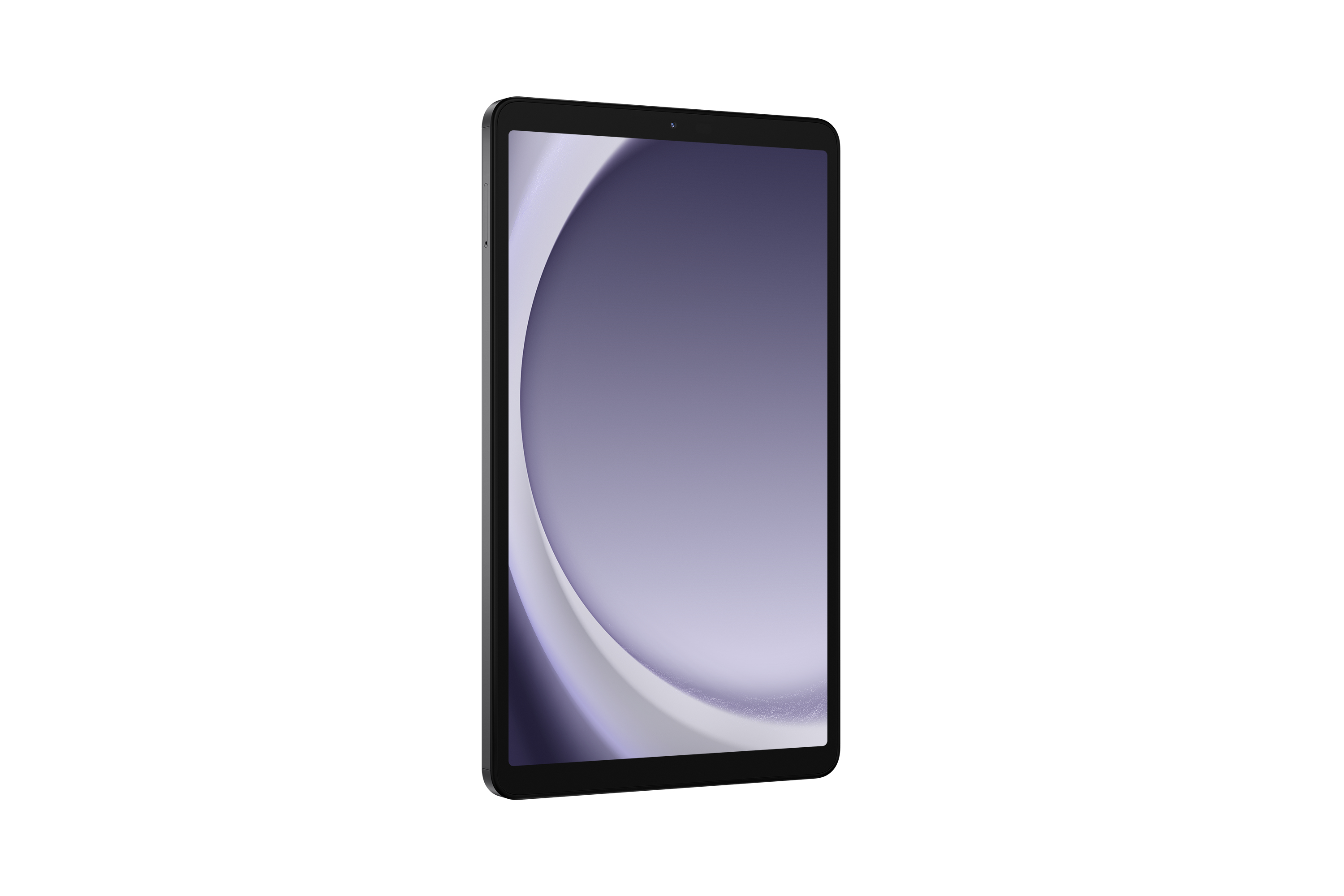 Ein schwarzes Tablet mit einem Bildschirm, der ein lila-weißes abstraktes Design anzeigt.