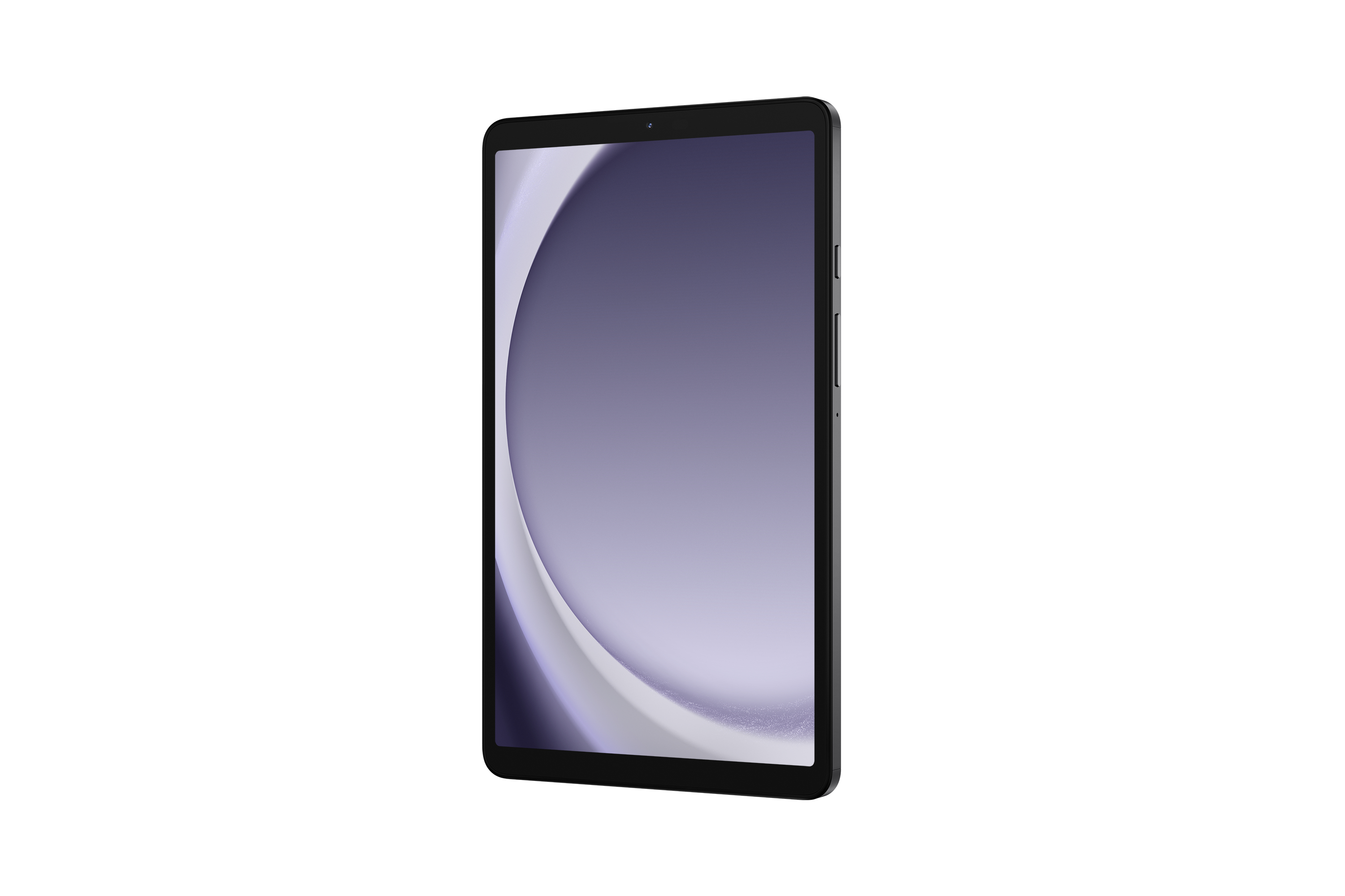 Ein Tablet mit schwarzem Rahmen und lila Display mit geschwungenem Design.