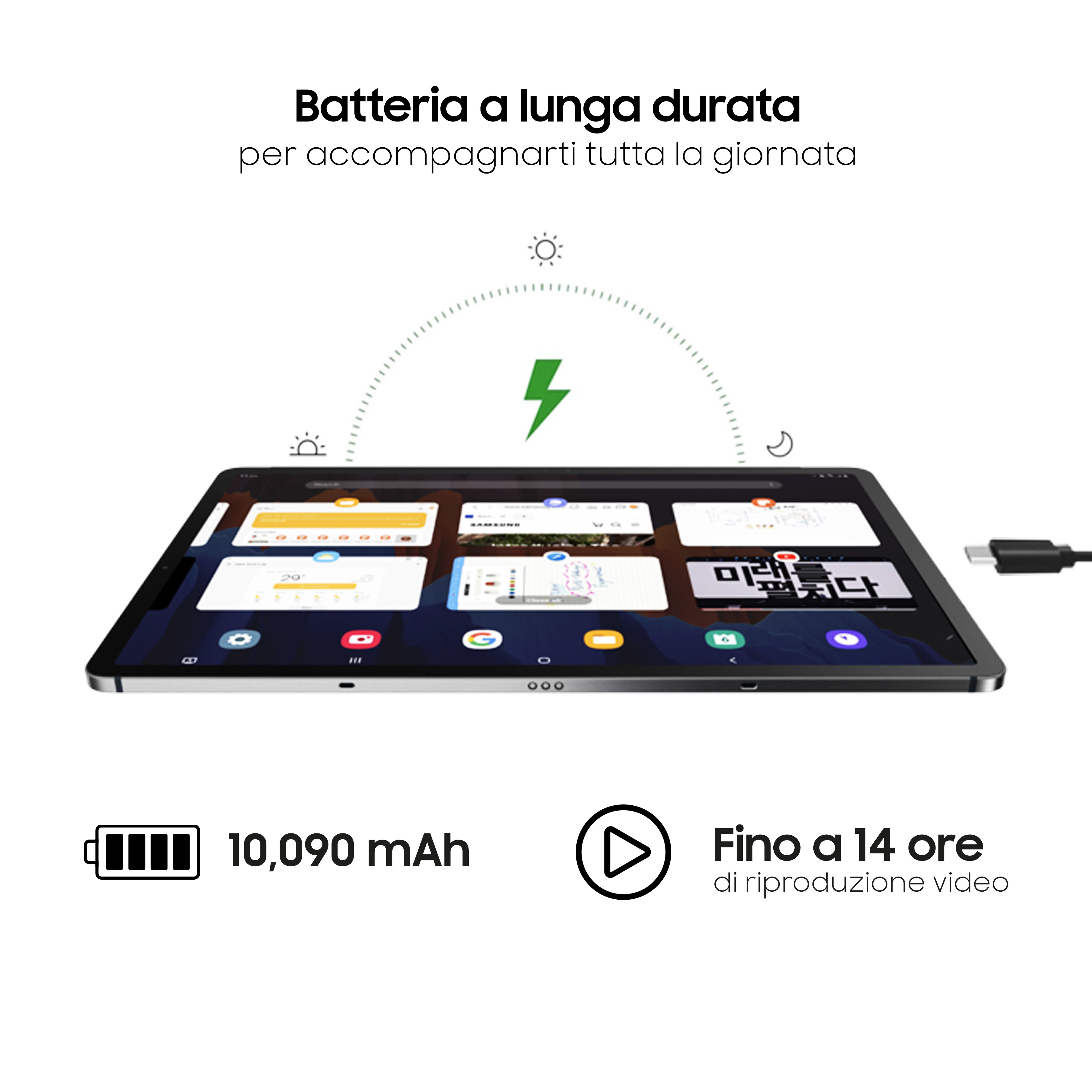 Tablet mit Benutzeroberfläche. Akku- und Videowiedergabe-Informationen. USB-C-Kabel verbunden.