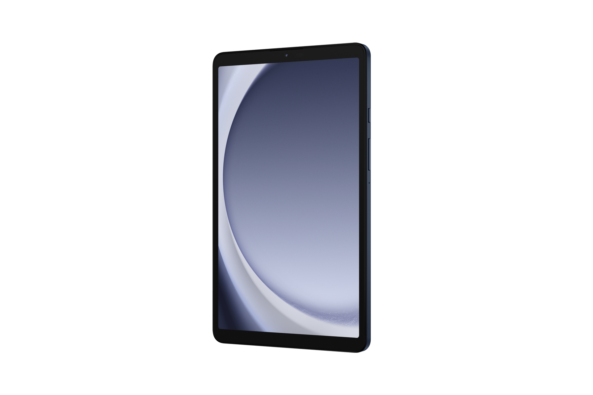 Tableta, mostrando un diseño curvo azul y blanco en la pantalla, sobre fondo blanco.