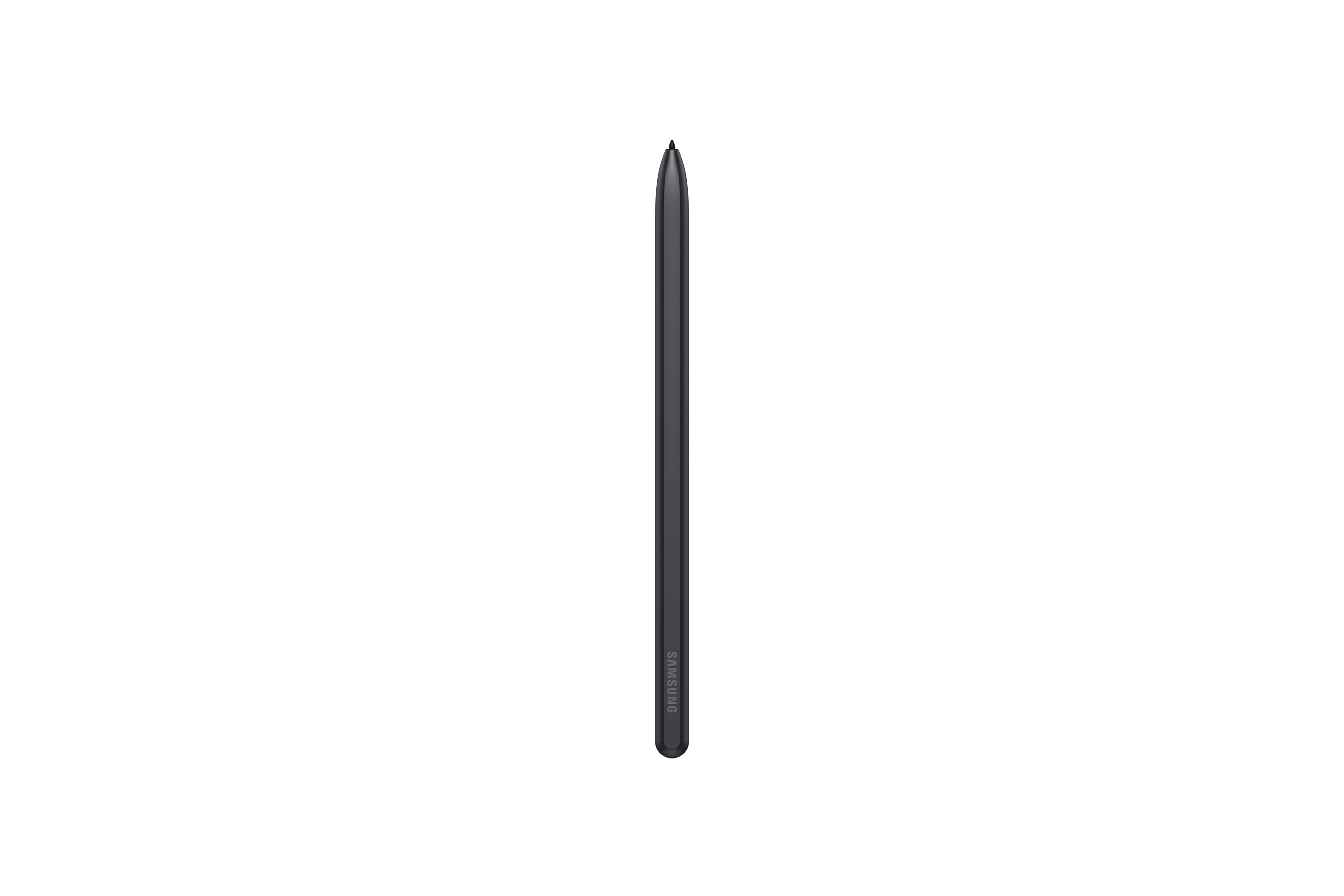 Lápiz óptico negro elegante, con logo Samsung, vertical sobre fondo blanco.