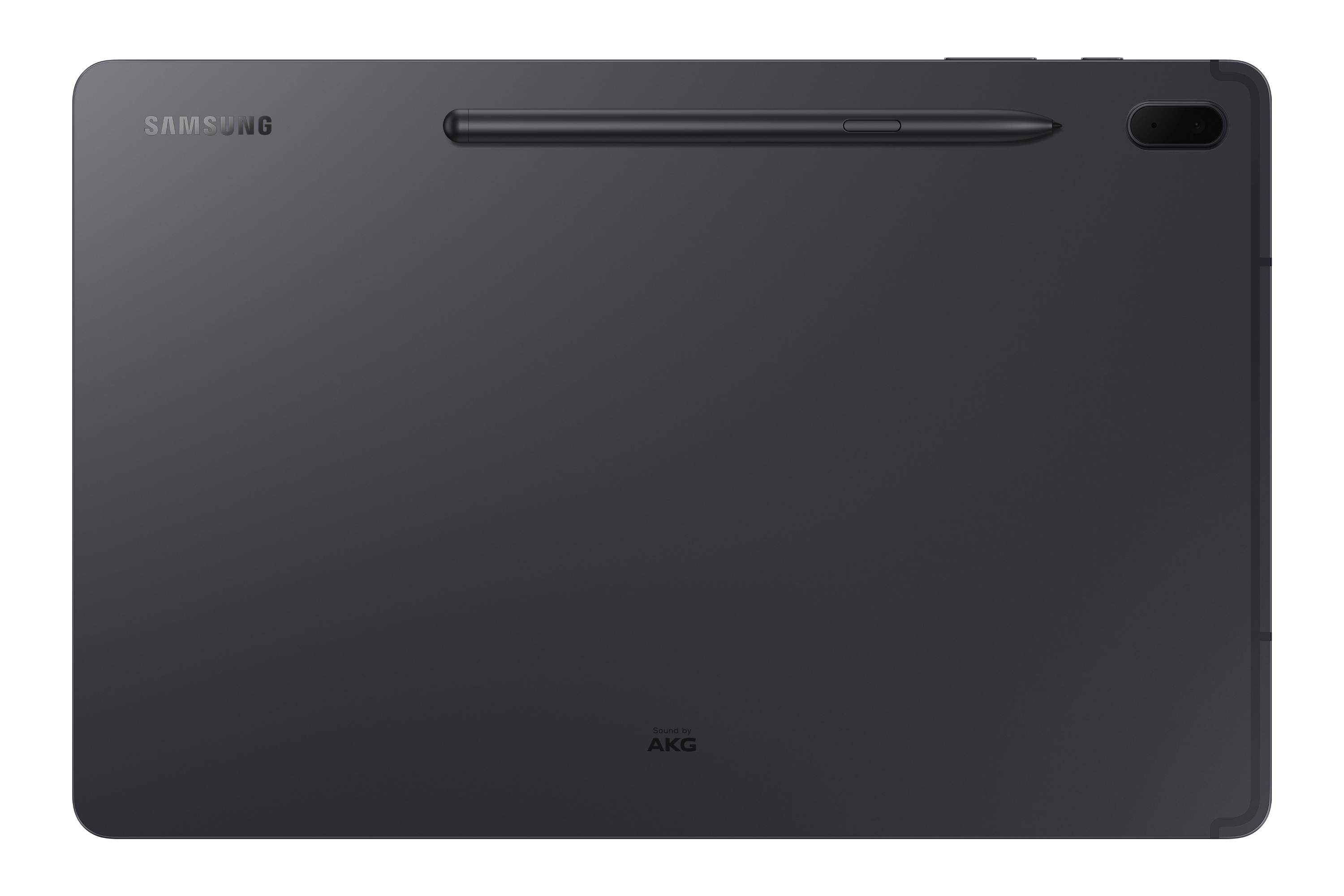 Achterkant van een zwarte tablet met een stylus bevestigd. Zwarte achtergrond.
