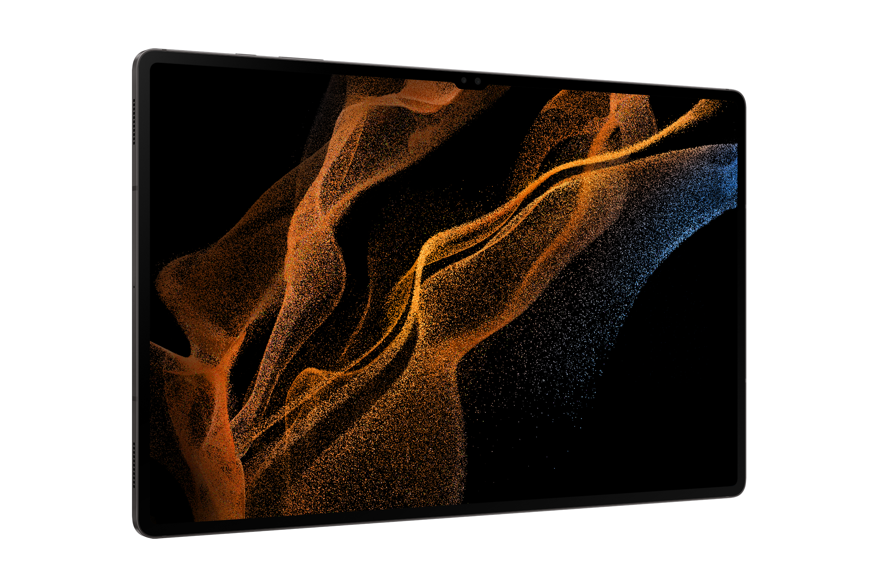 Schwarzes Tablet auf Weiß. Bildschirm zeigt orangefarbenes und blaues abstraktes Design, dunkler Hintergrund.