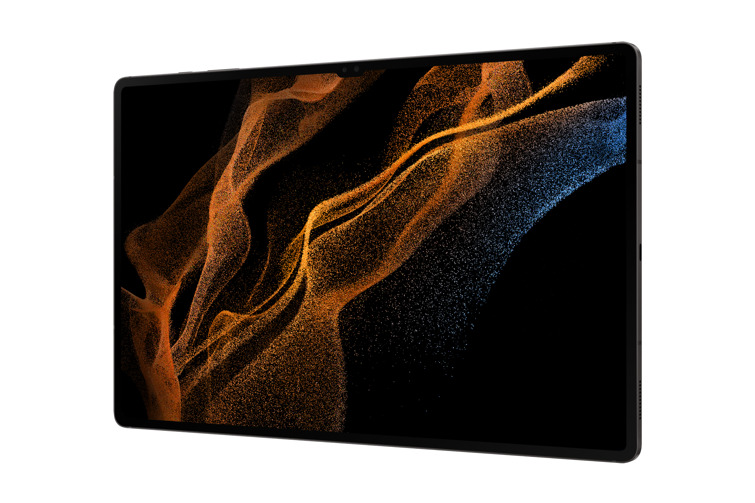 Schwarzes Tablet mit farbenfroher abstrakter Anzeige. Schwarzer Rahmen. Weißer Hintergrund.
