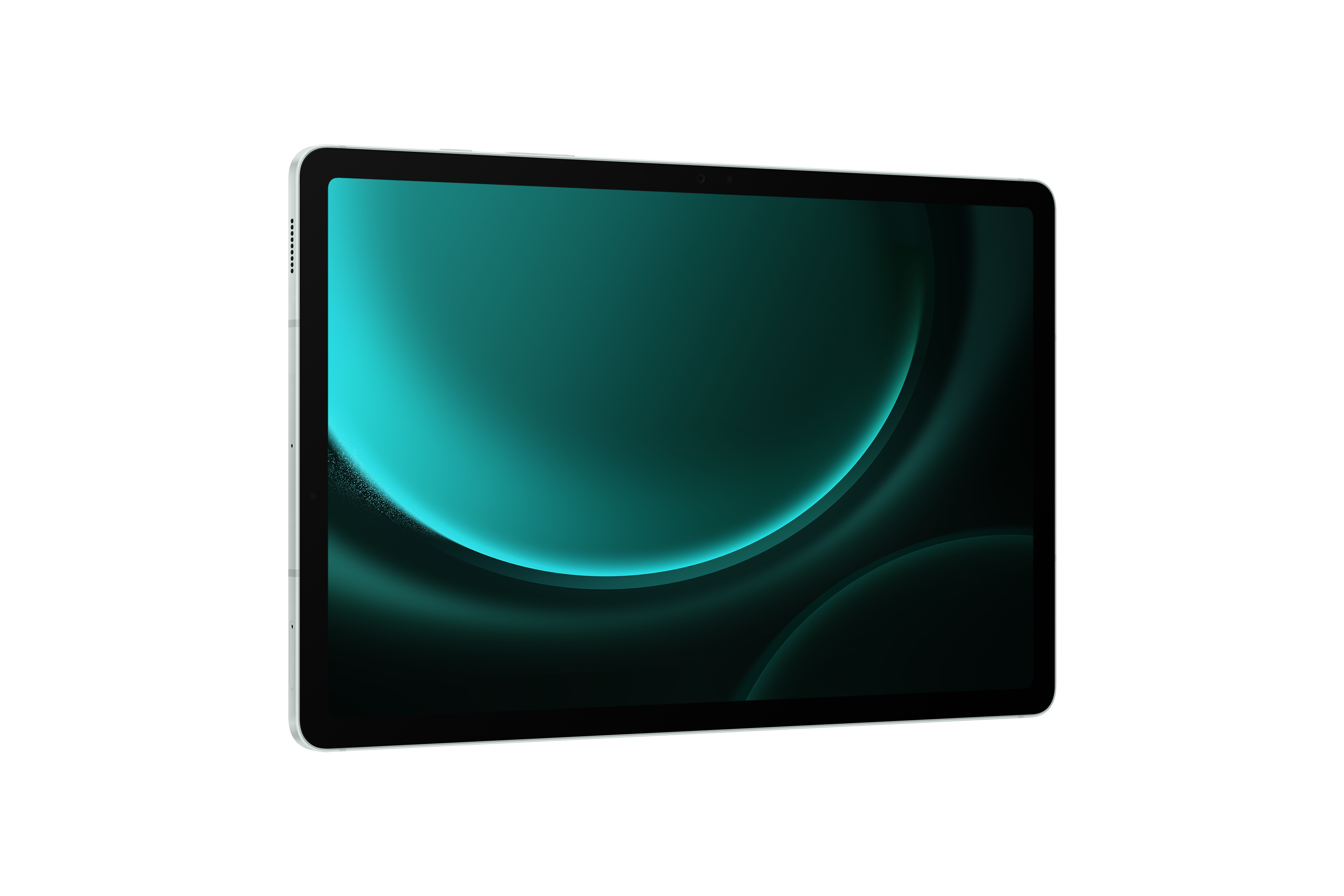 Ein silbernes Tablet mit einem schwarzen Bildschirm, der einen türkisblauen und schwarzen Hintergrund anzeigt.