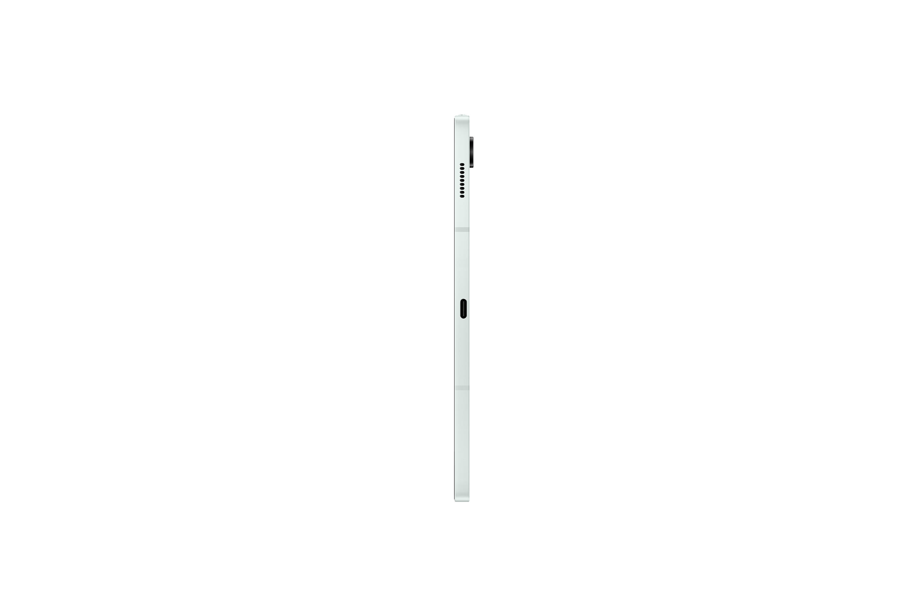 Seitenansicht eines weißen Tablets, schlankes Design.