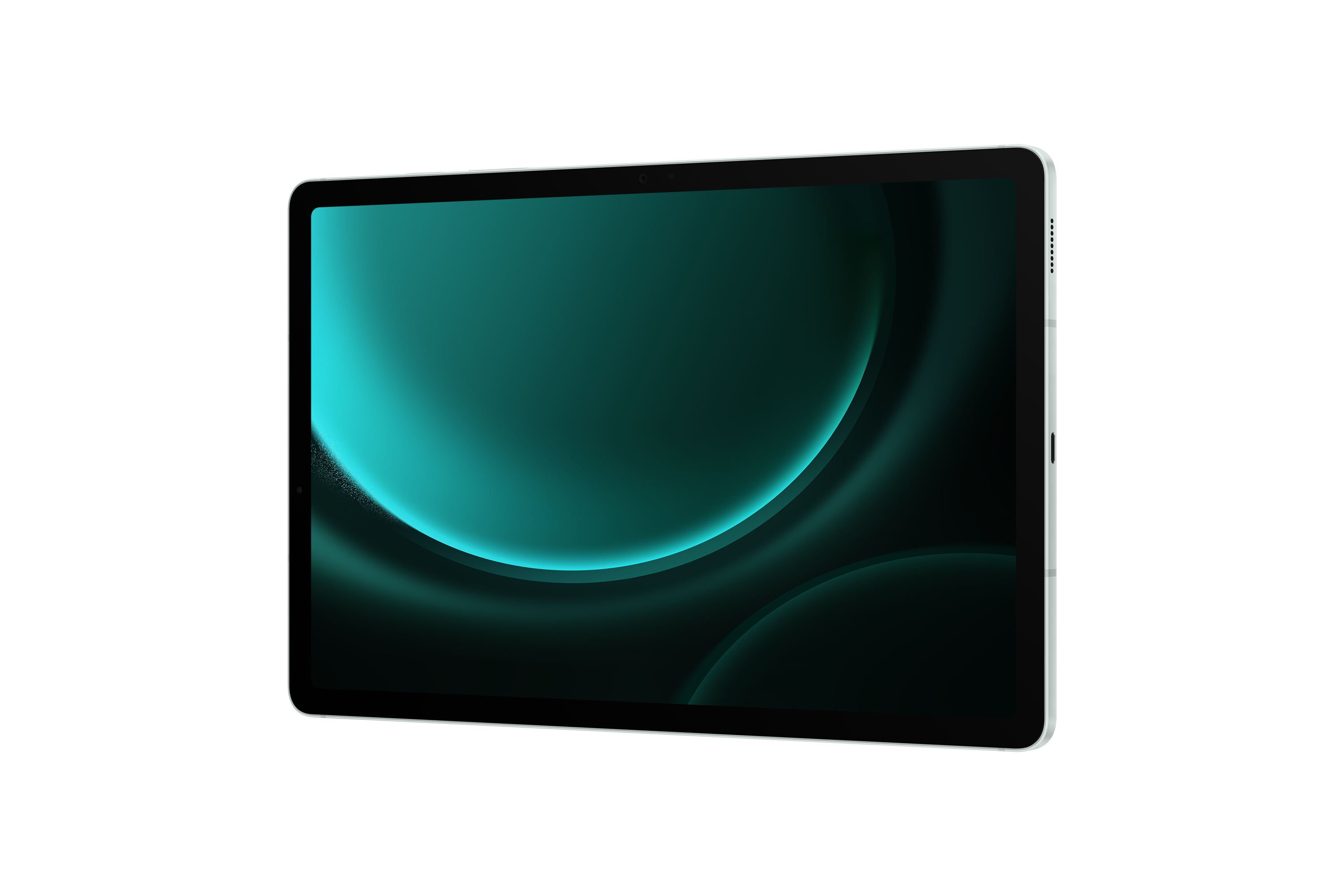 Tablet mit türkisfarbenem Bildschirm. Der Bildschirm zeigt geschwungene Formen und dunkle Verläufe.