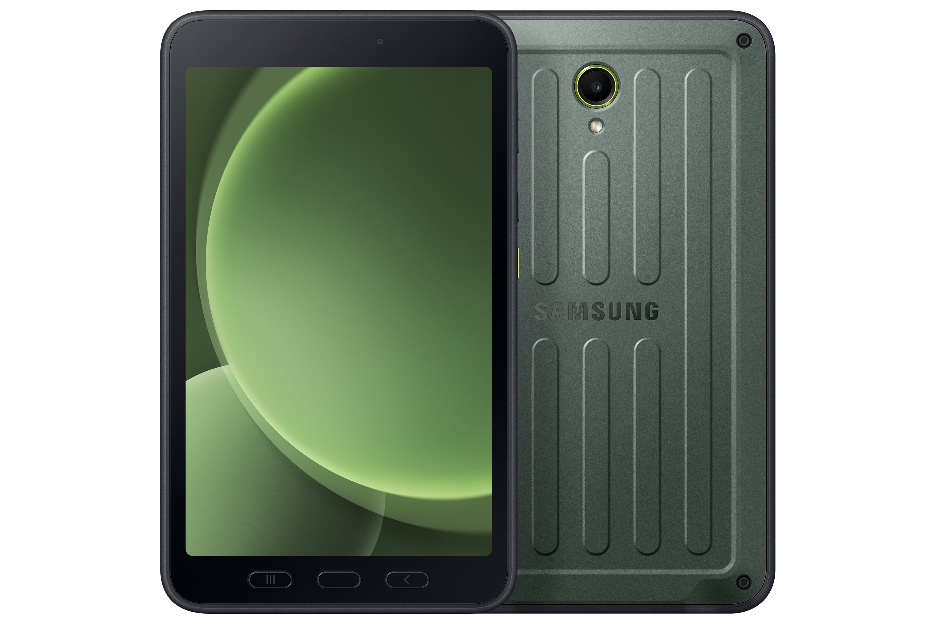 Groene en zwarte Samsung tablet, schuin.