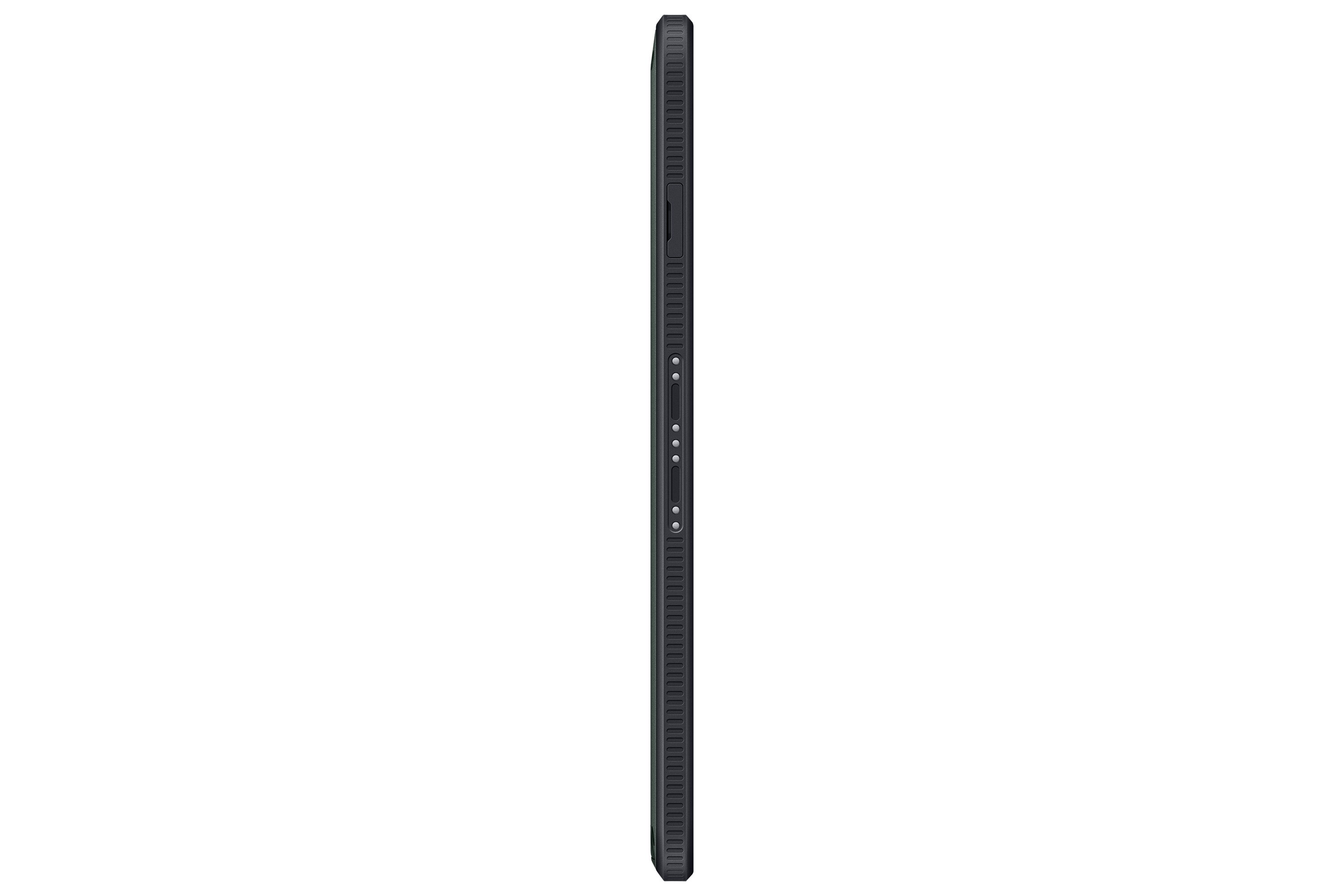 Zijaanzicht van een zwarte tablet. Zwarte achtergrond.