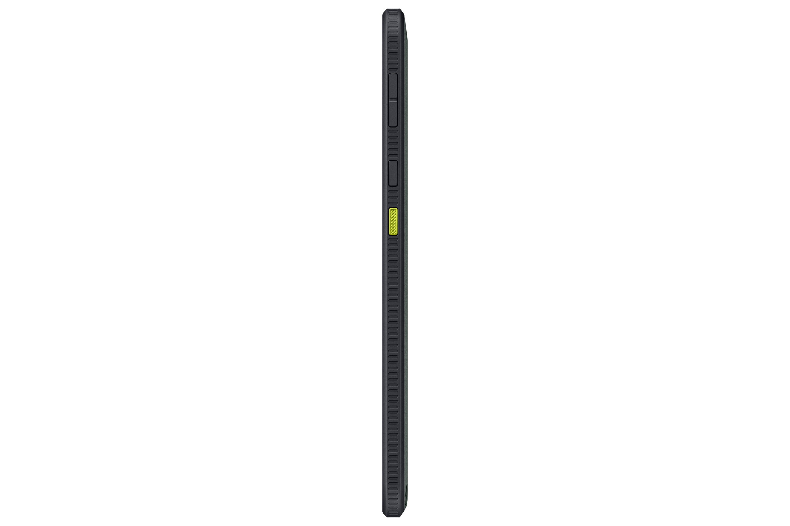 Zijaanzicht van een zwarte telefoonhoes. Een gele knop is zichtbaar aan de zijkant.