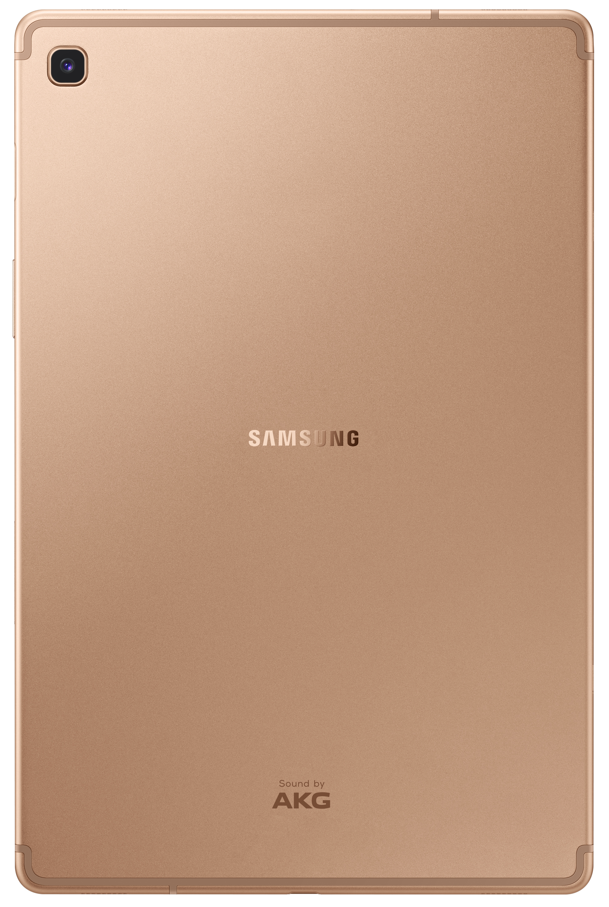 Goldfarbene Tablet-Rückseite. Kamera in der oberen linken Ecke. Samsung und AKG Logos.