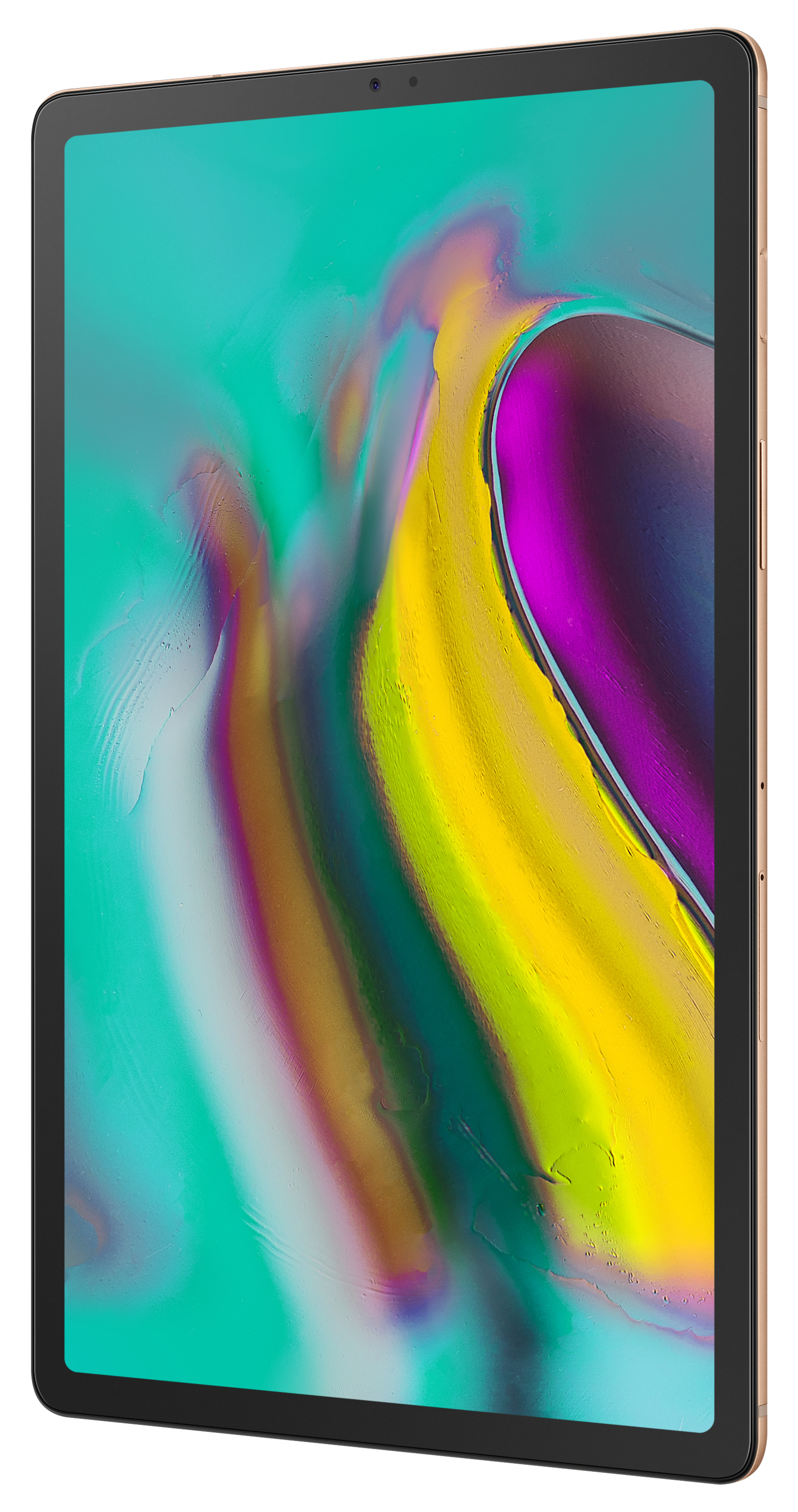 Goldenes Tablet vor weißem Hintergrund. Der Bildschirm zeigt ein farbenfrohes Design.