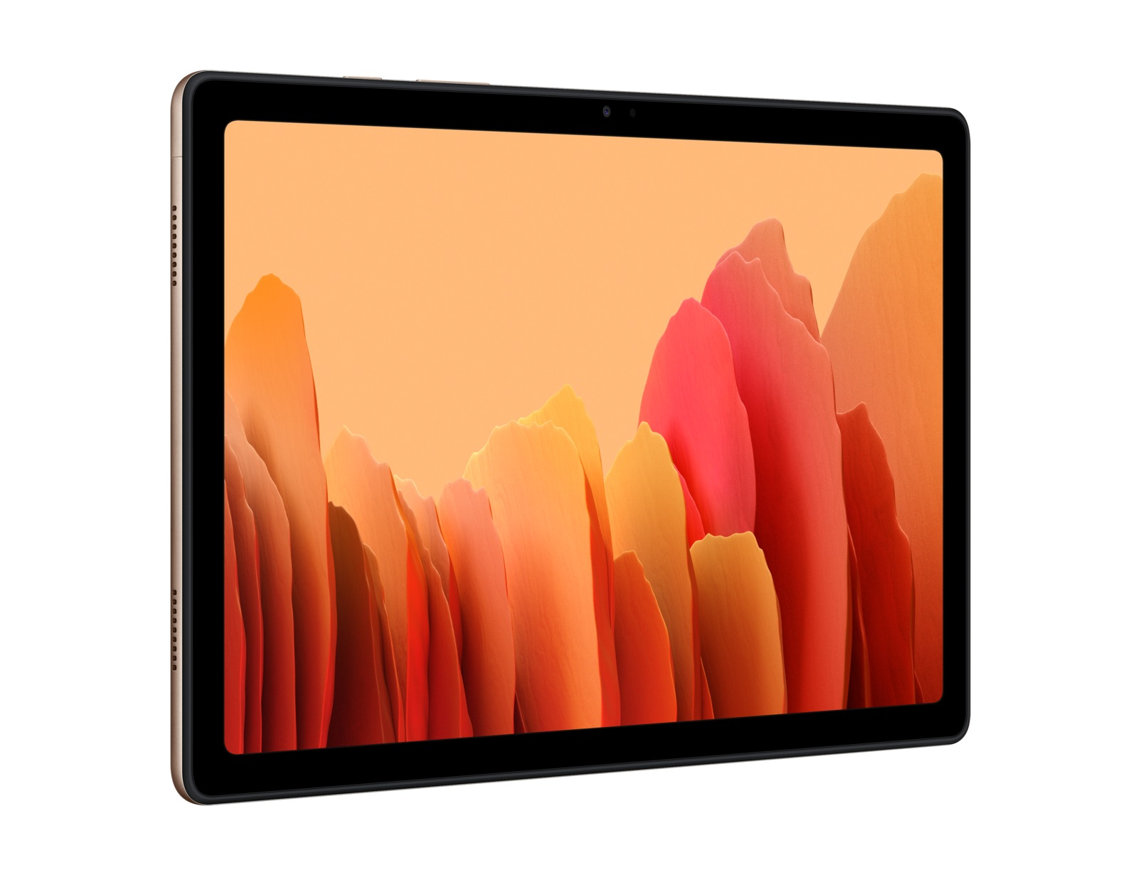 Ein Tablet mit schwarzem Rahmen, das abstrakte orange und rote Formen zeigt.