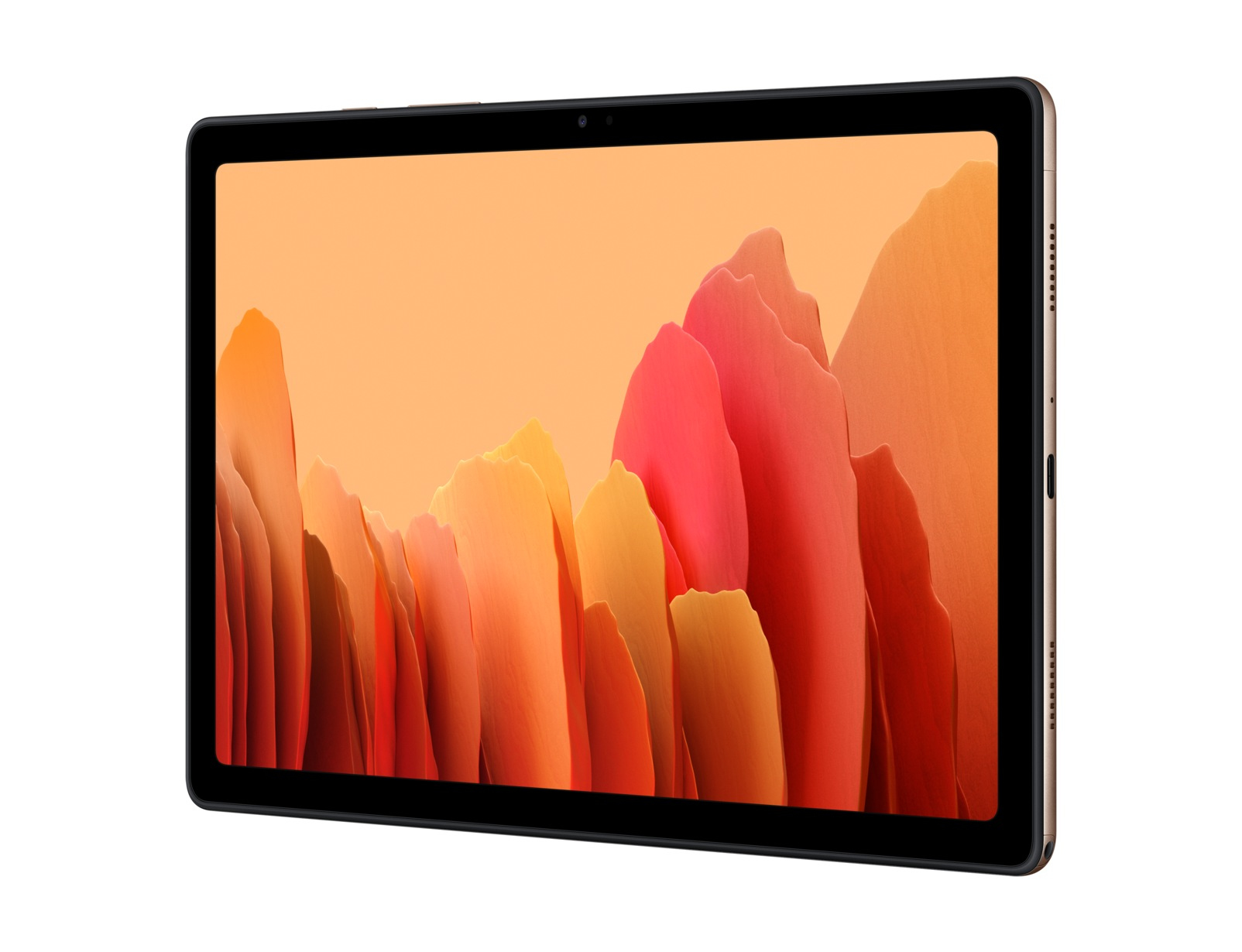 Tablet in Orangetönen, mit Frontkamera. Der Bildschirm zeigt ein abstraktes orangefarbenes Bergdesign.