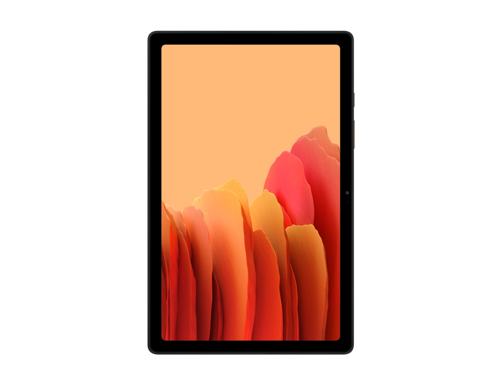 Tablet. Schwarzer Rahmen, orangefarbenes und rotes Wellenmuster auf dem Display.