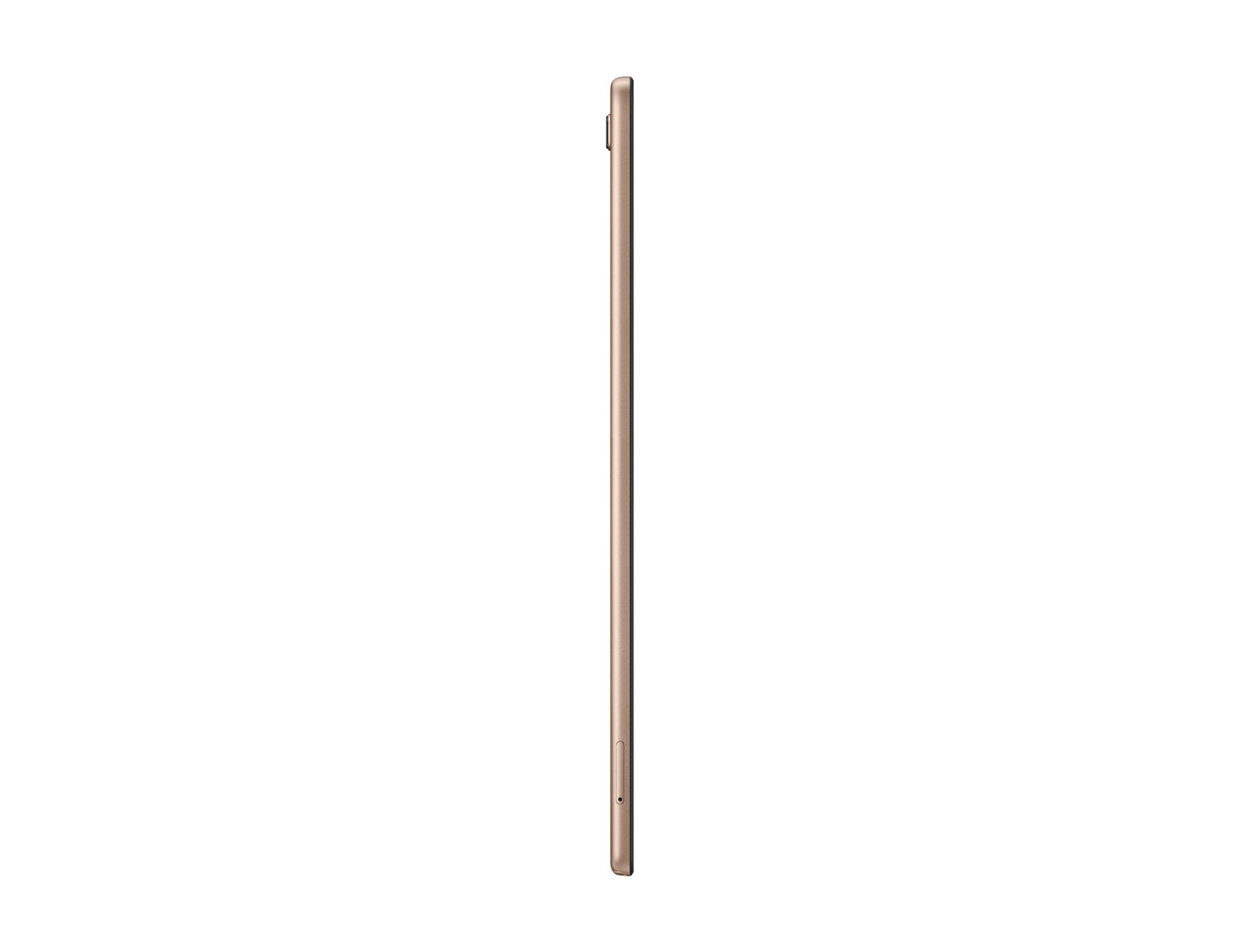 Seitenansicht eines goldenen Tablets auf weißem Hintergrund.