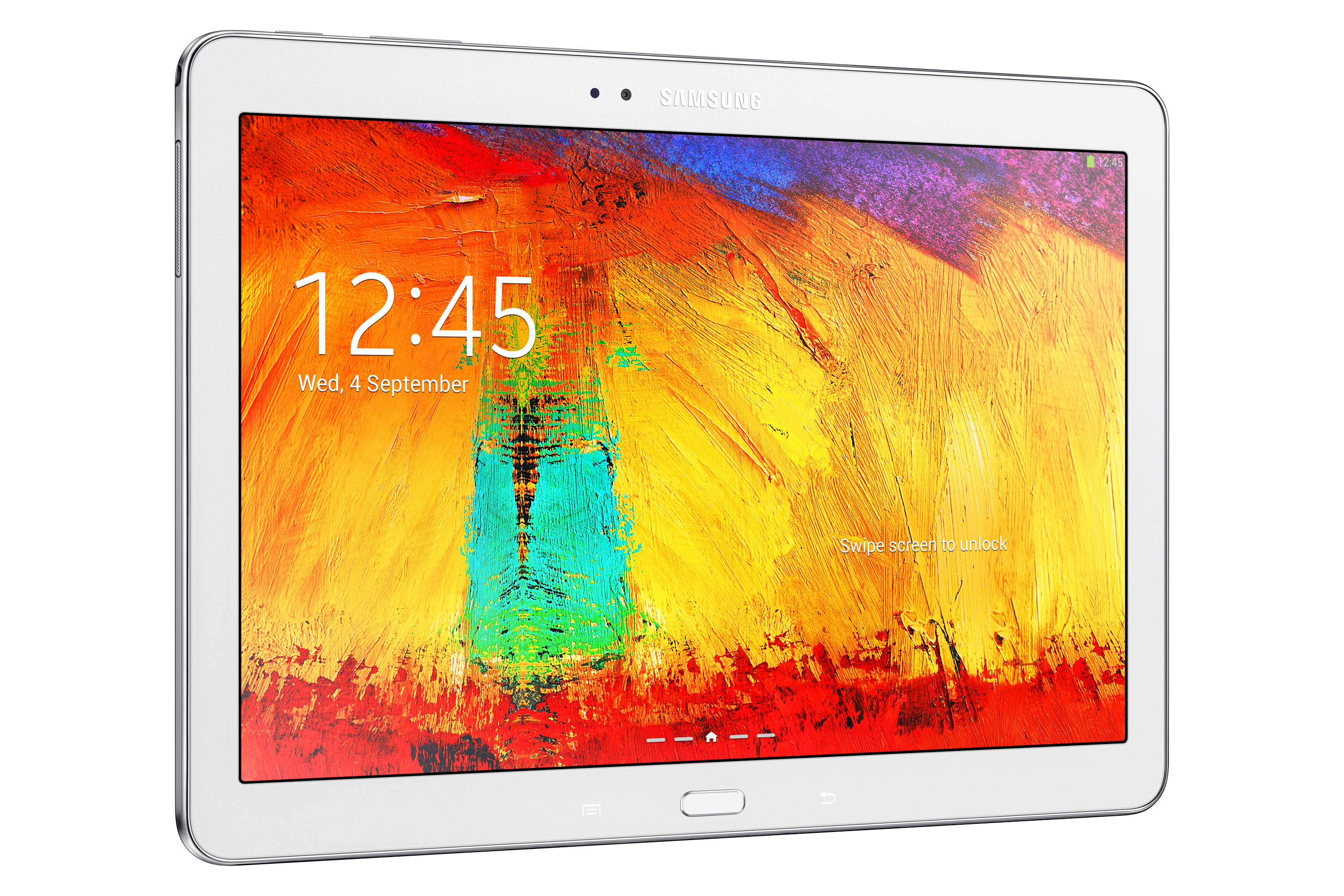 Weißes Samsung-Tablet mit Digitaluhr und farbenfrohem Hintergrund.
