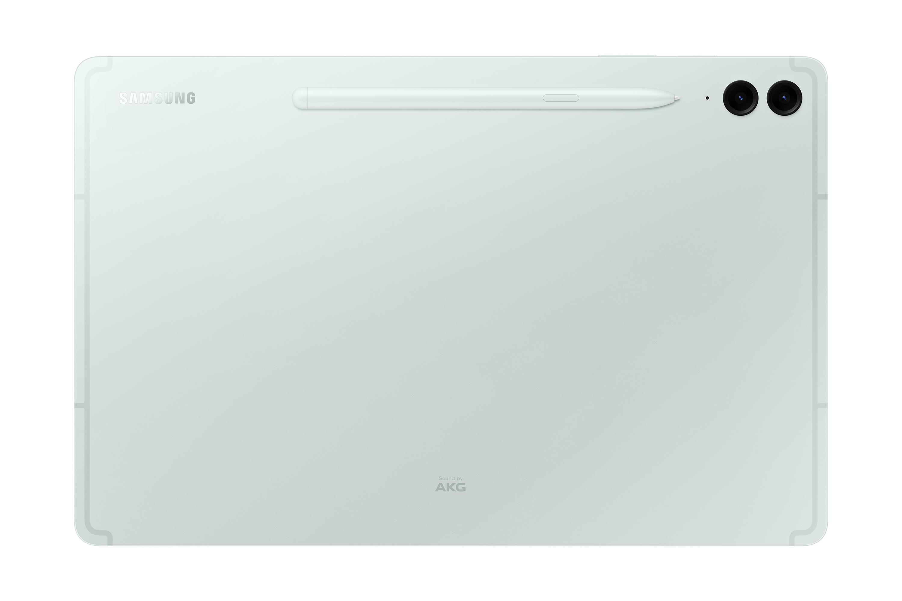 Parte trasera de una tableta menta, lápiz óptico adjunto. Logotipo de Samsung arriba a la izquierda, logotipo de AKG abajo.