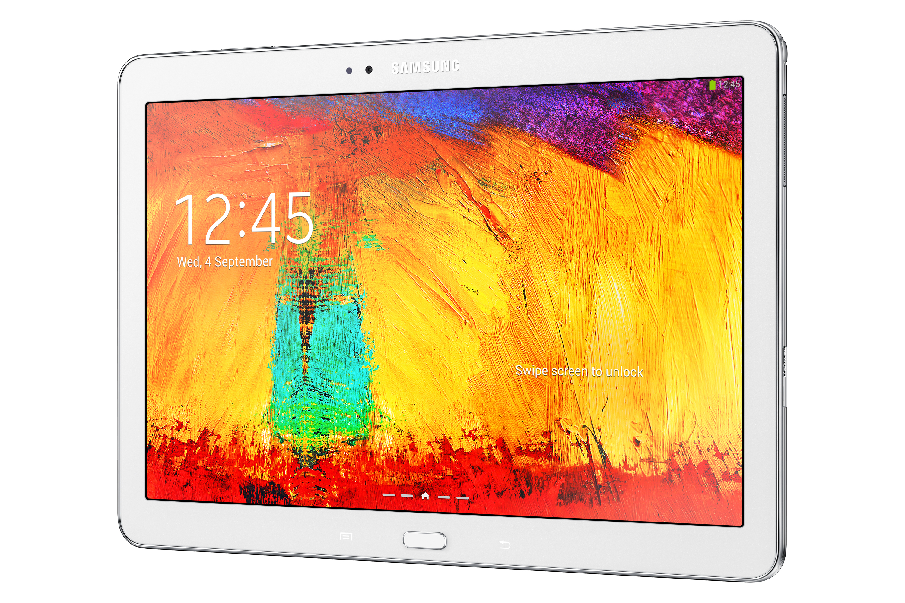 Weißes Tablet mit farbenfrohem Display, das Zeit und Datum anzeigt. Der Bildschirm ist hell.