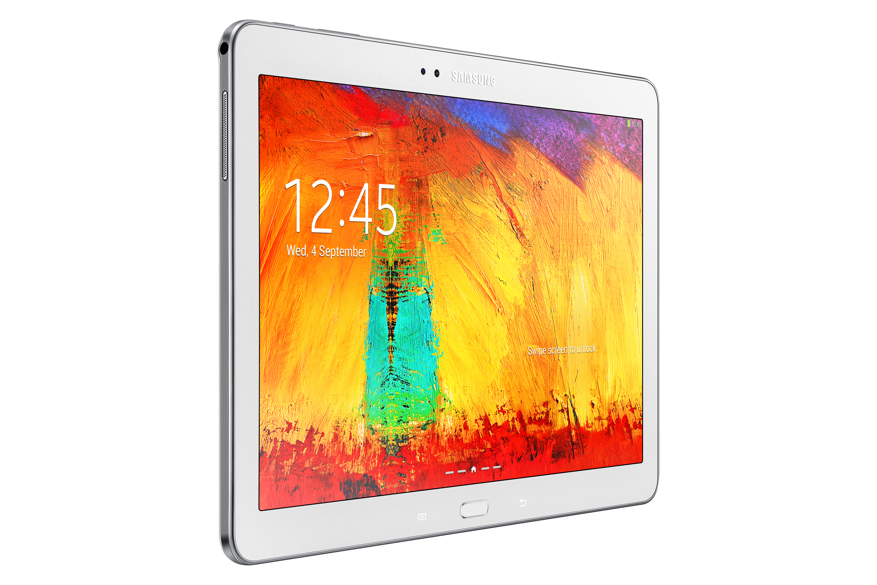 Weißes Samsung-Tablet, das ein farbenfrohes abstraktes Gemälde anzeigt, mit 12:45 auf dem Bildschirm.