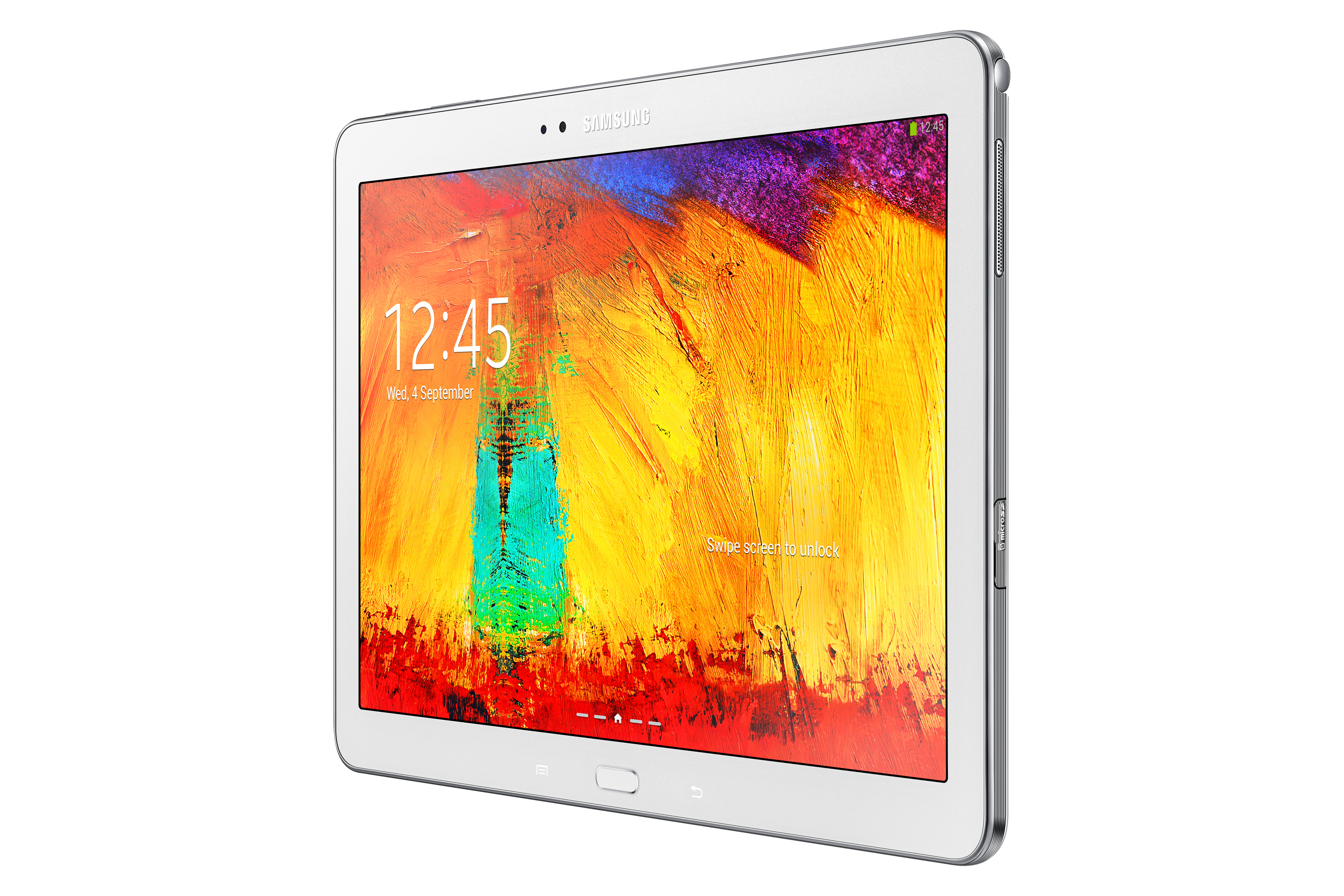 Tablet mit buntem Hintergrund, weißem Rahmen und Stift.