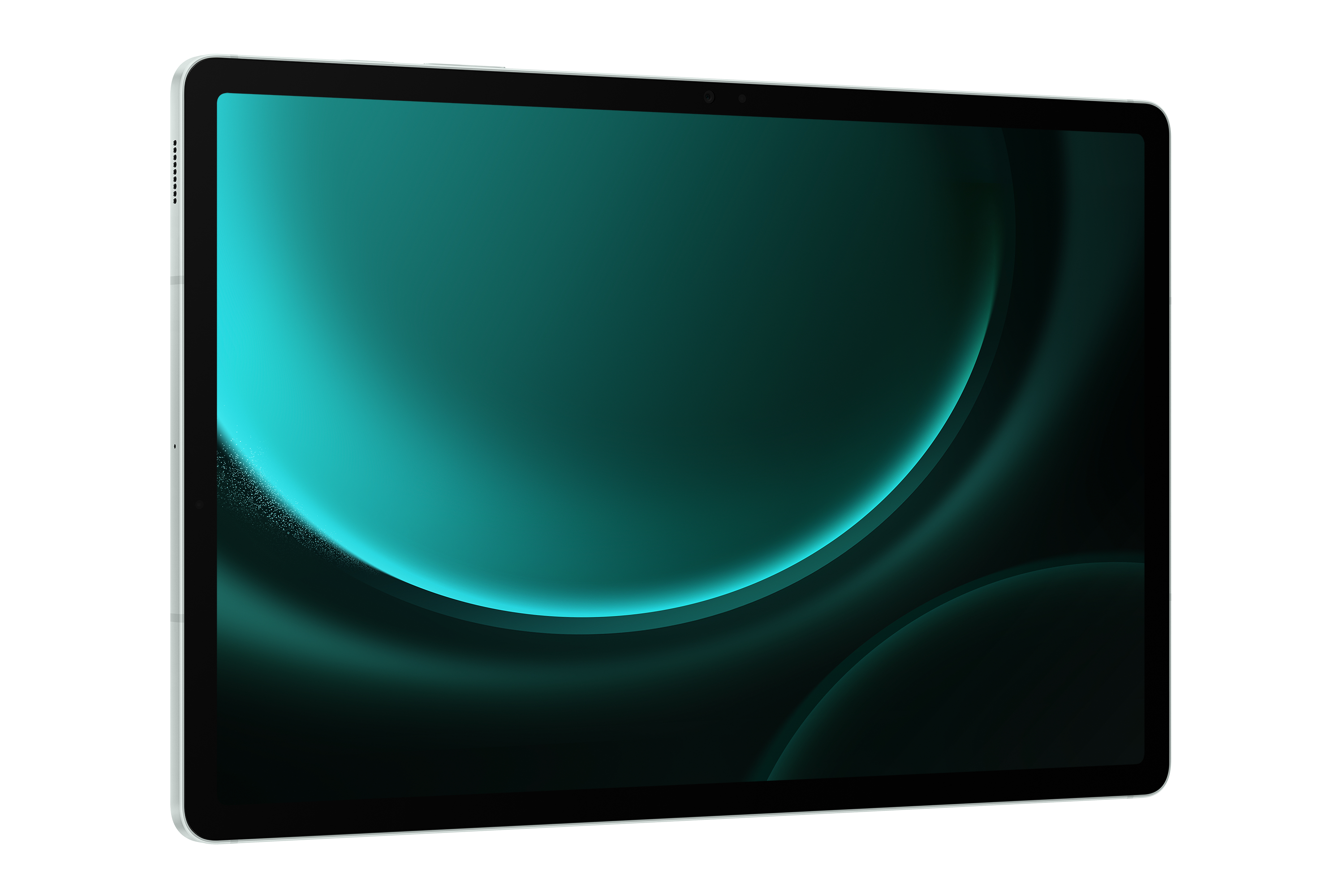 Una tableta que muestra un fondo abstracto negro y verde azulado oscuro.