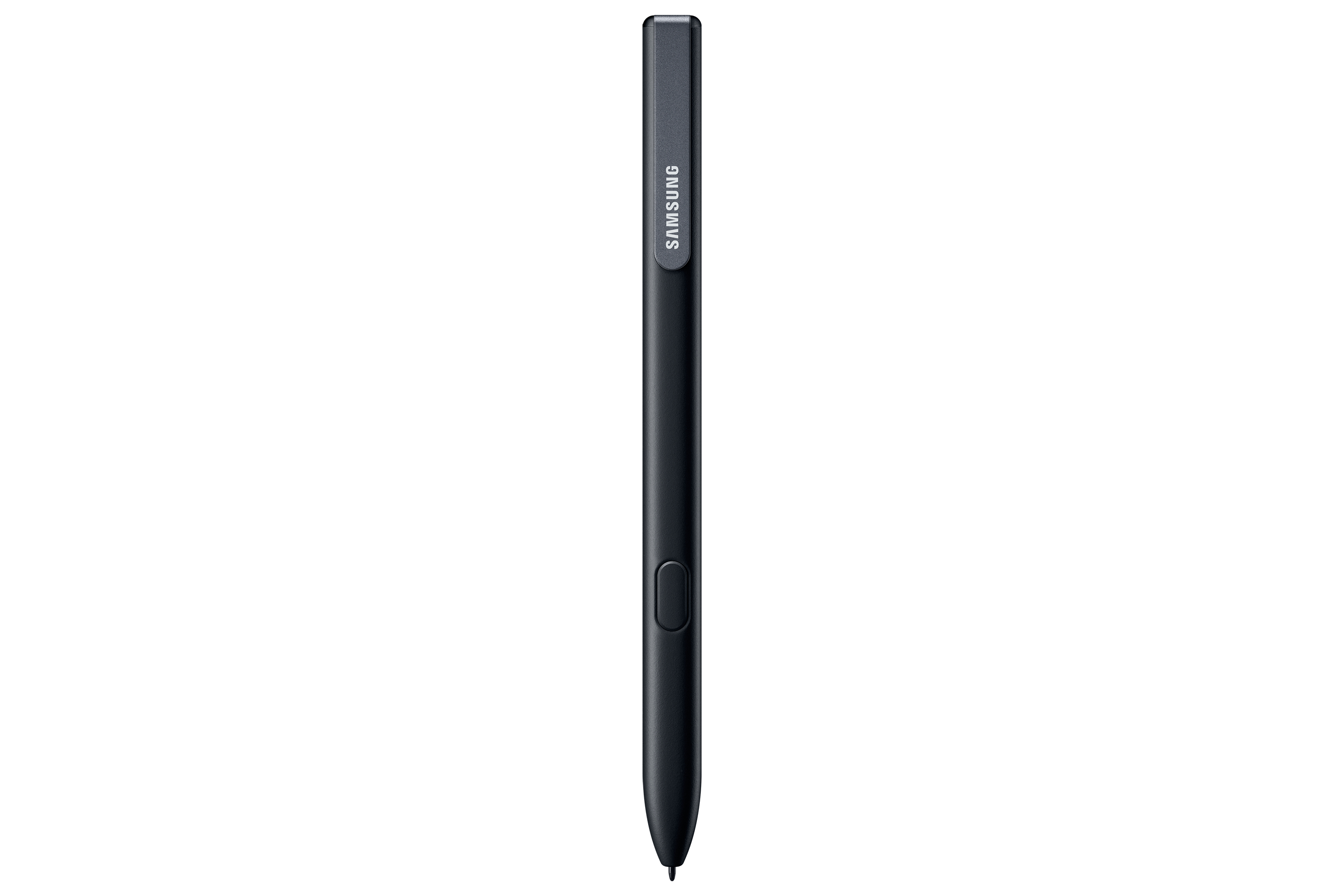 Un lápiz óptico negro Samsung con el logotipo de Samsung y un botón lateral. Fondo blanco.