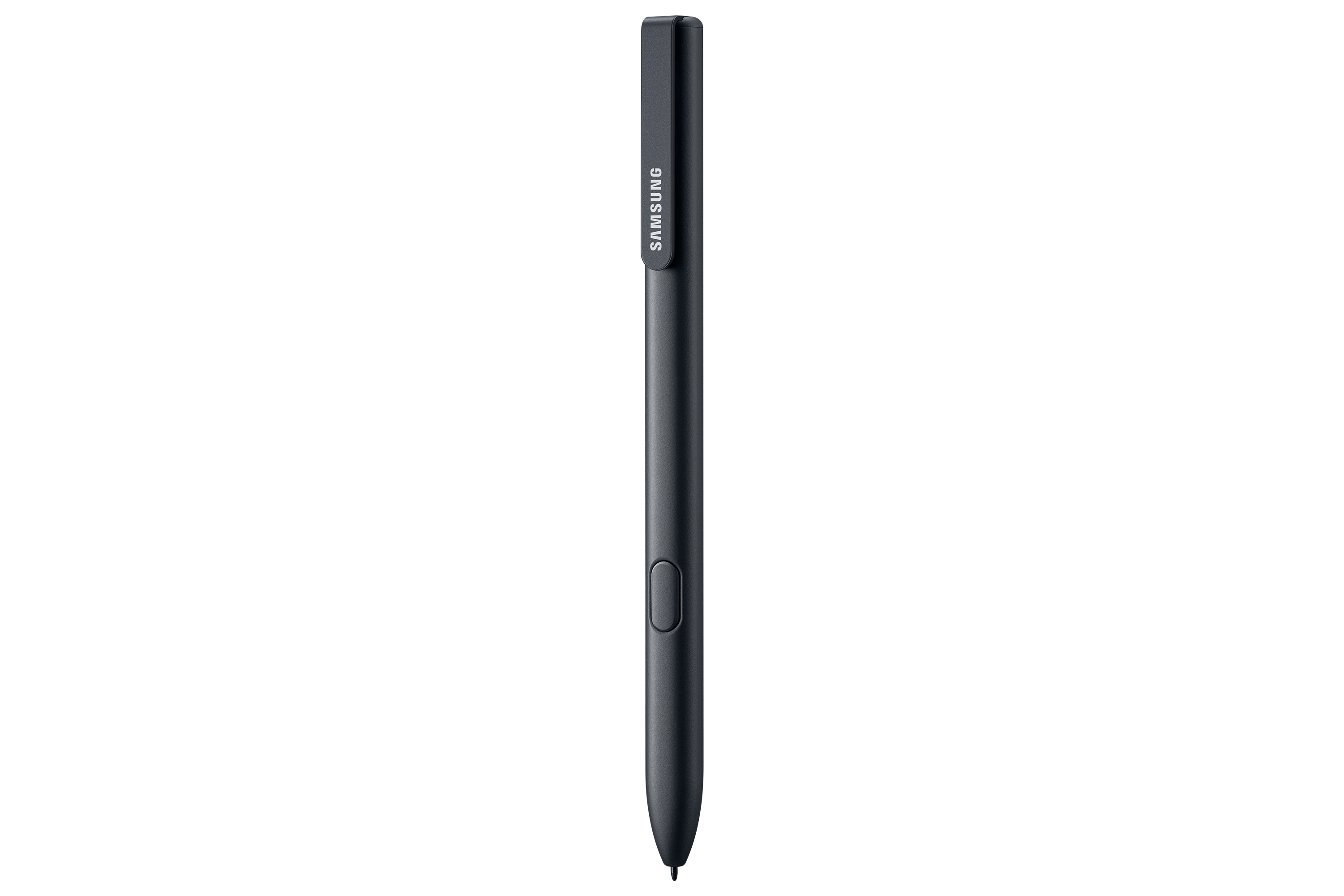 Lápiz óptico negro con el logotipo de Samsung y un botón lateral.