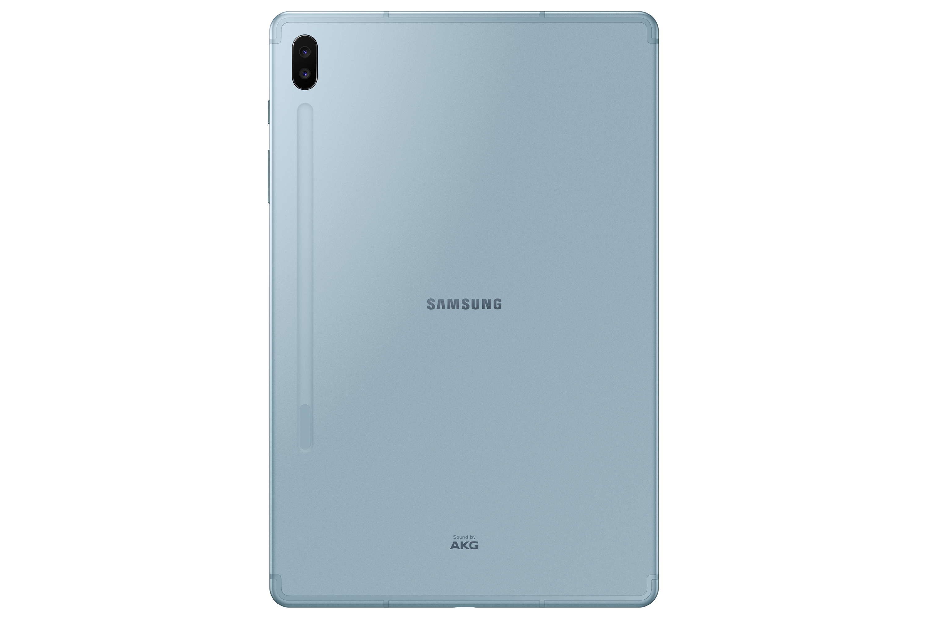 Hellblaues Samsung-Tablet. Rückansicht mit Samsung- und AKG-Logos auf weißem Hintergrund.