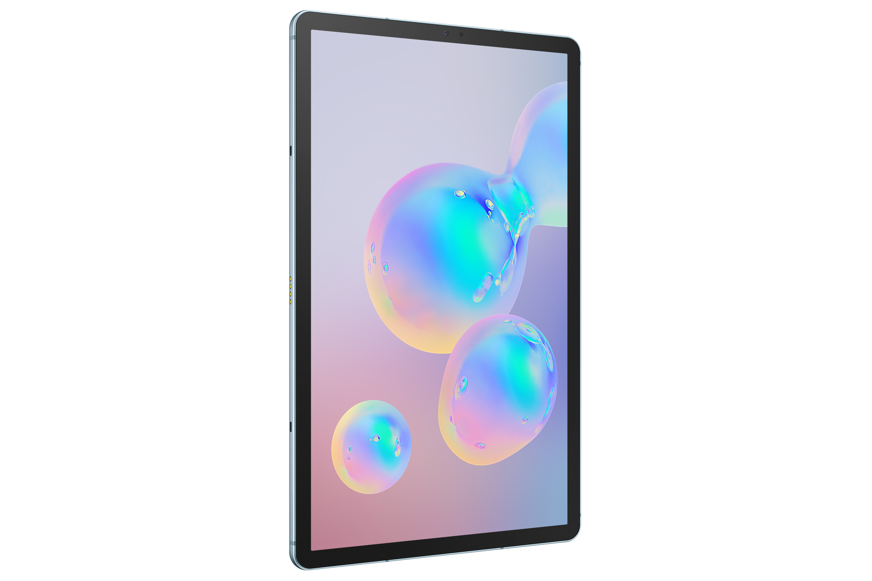 Ein Tablet, das einen hellblauen Hintergrund mit drei bunten, abstrakten Blasen zeigt.