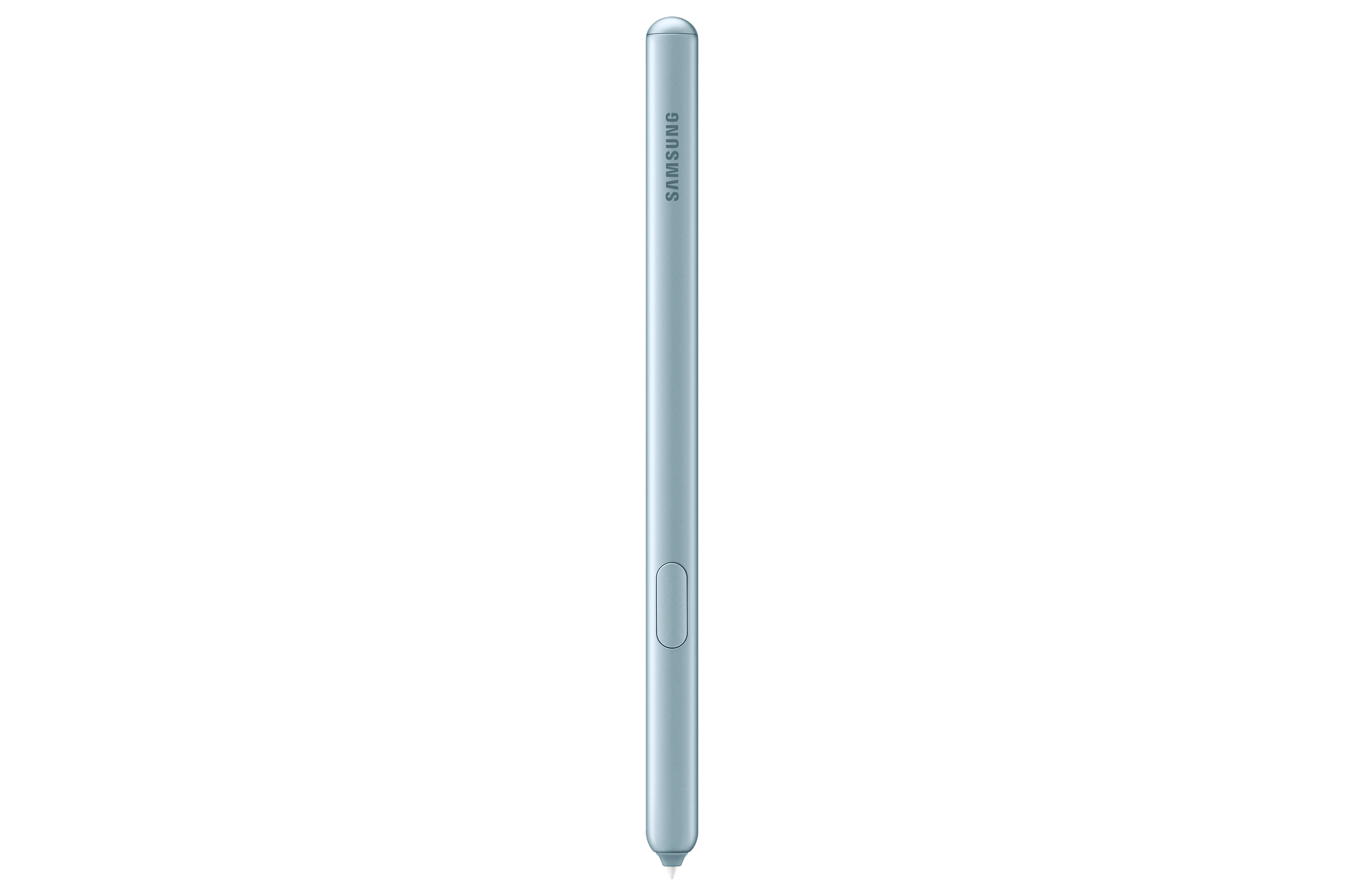 Blauer Stift mit Knopf. Samsung-Logo auf dem Stift.
