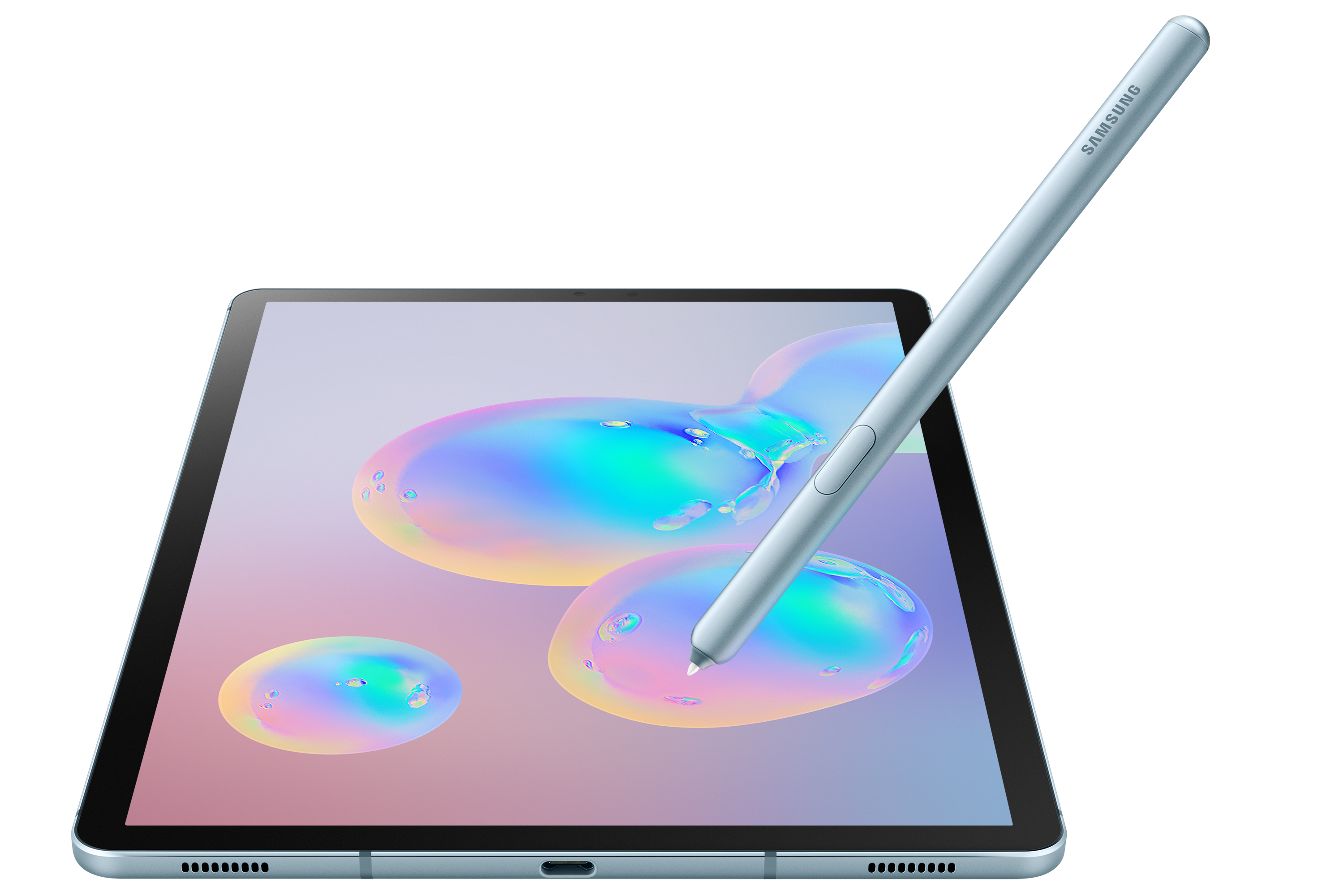 Blaues Tablet mit hellblauem Stift. Das Tablet hat einen farbenfrohen Bildschirm.
