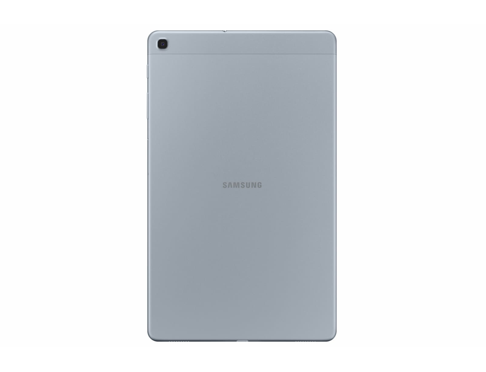 Retro del tablet Samsung azzurro con fotocamera e logo Samsung. Sfondo bianco.
