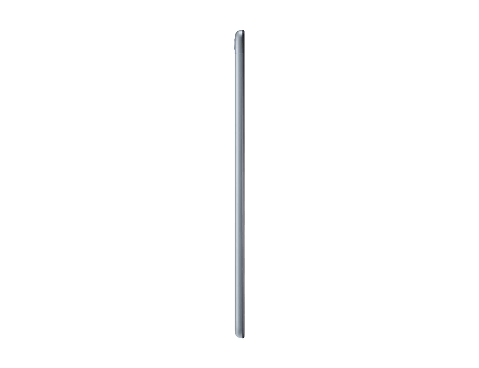 Tablet argento, vista laterale, che mostra il profilo sottile del dispositivo su sfondo bianco.