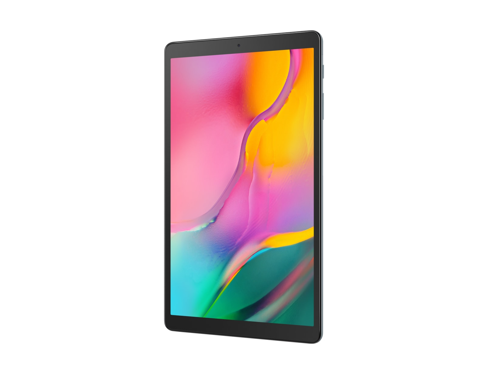 Tablet con display colorato, rosa, giallo e verde. Cornice nera, sfondo bianco.