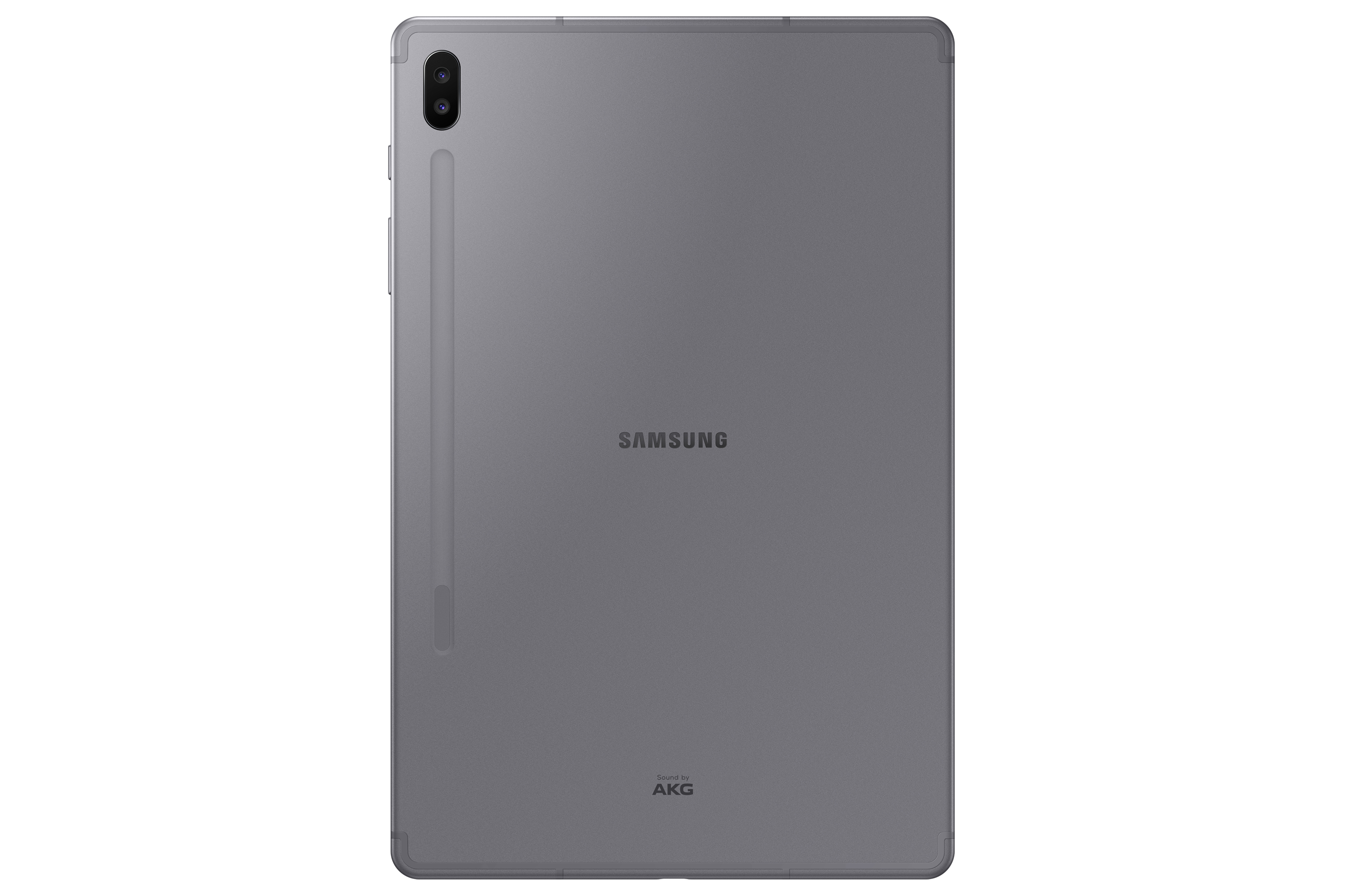 Rückansicht eines grauen Tablets. 'SAMSUNG'-Logo in der Mitte, 'Sound by AKG' unten. Kamera oben.